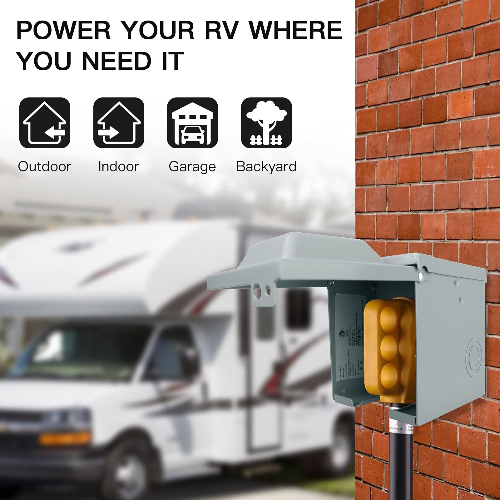 EXCELFU 50 Amp RV Power Outlet Box - Lockable Weatherproof NEMA 14-50R, Iron Enclosure for Trailers, Motorhomes & Generators