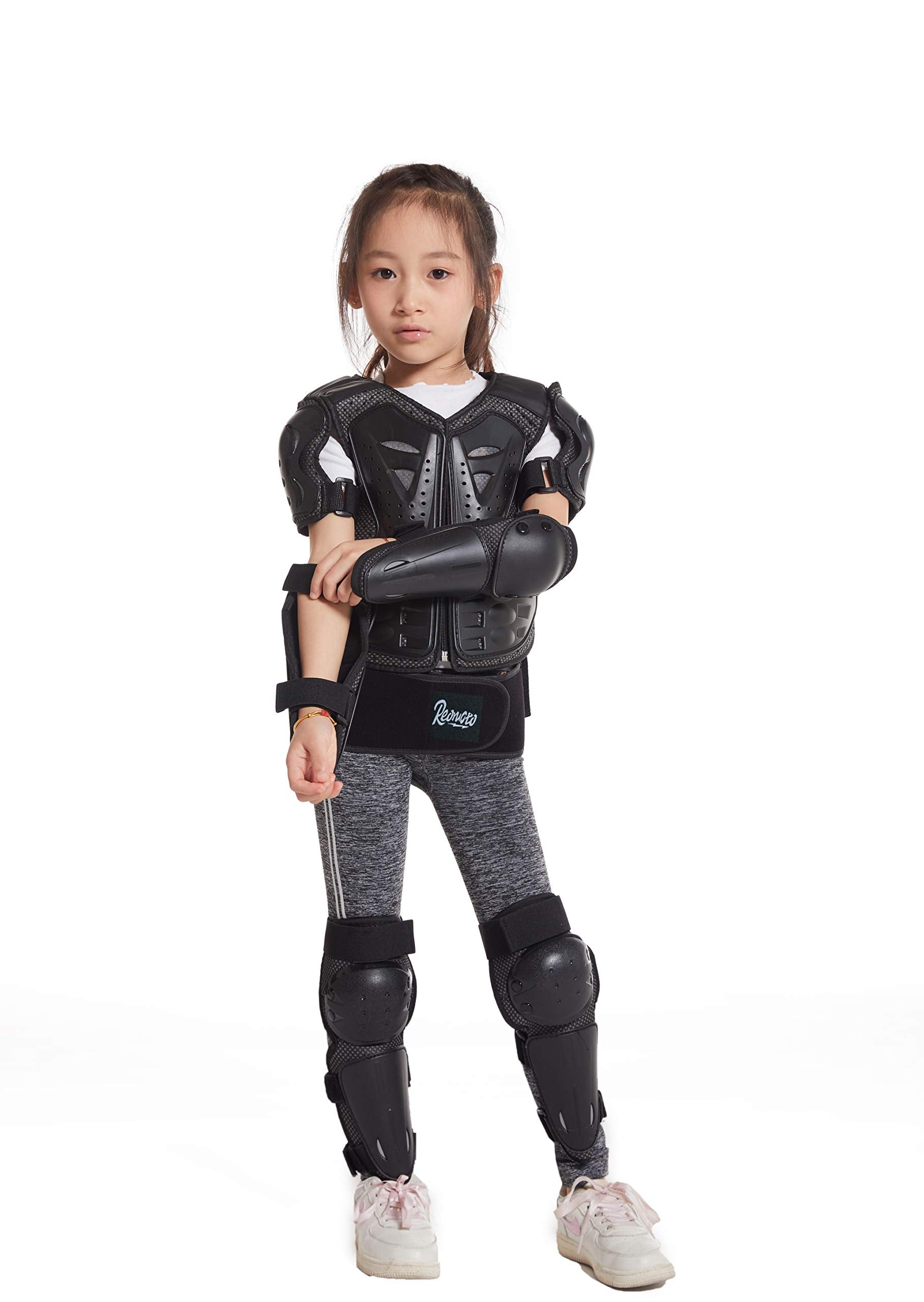Reomoto Kids Full Body Protector Gear - Black Leather Vest with Knee & Elbow Protectors for Dirt Bike, Motorcycle, Skiing, Cycling