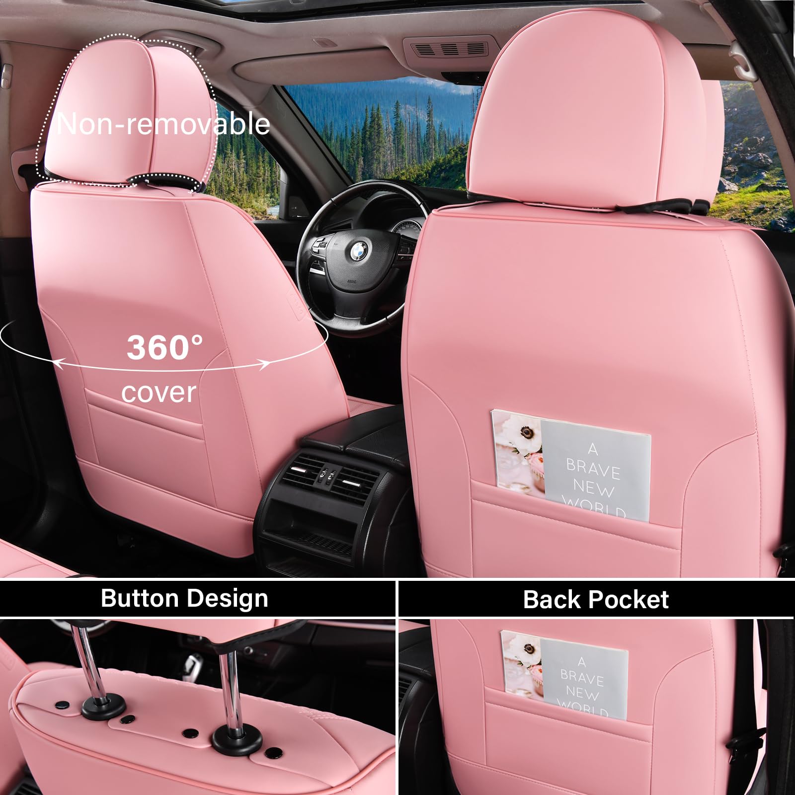 Coverado Car Seat Covers Full Set, 5 Piece Car Seat Protector With Removable Headrest, Nappa Leather Breathable Front Back Rear