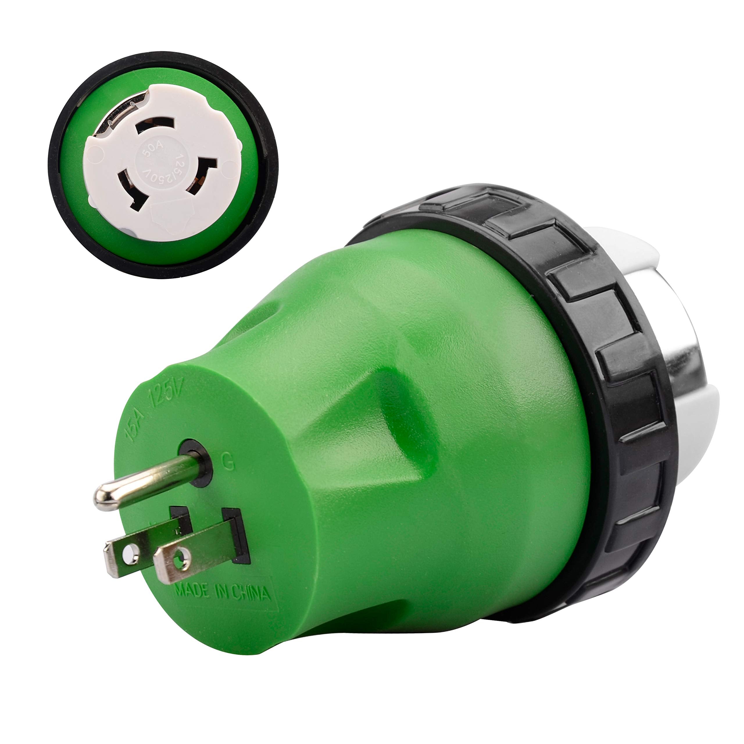 Rvguard 3 Prong 15 Amp To 50 Amp Rv Adapter Plug With Locking Connector, 5-15P To Ss2-50R Locking Connector