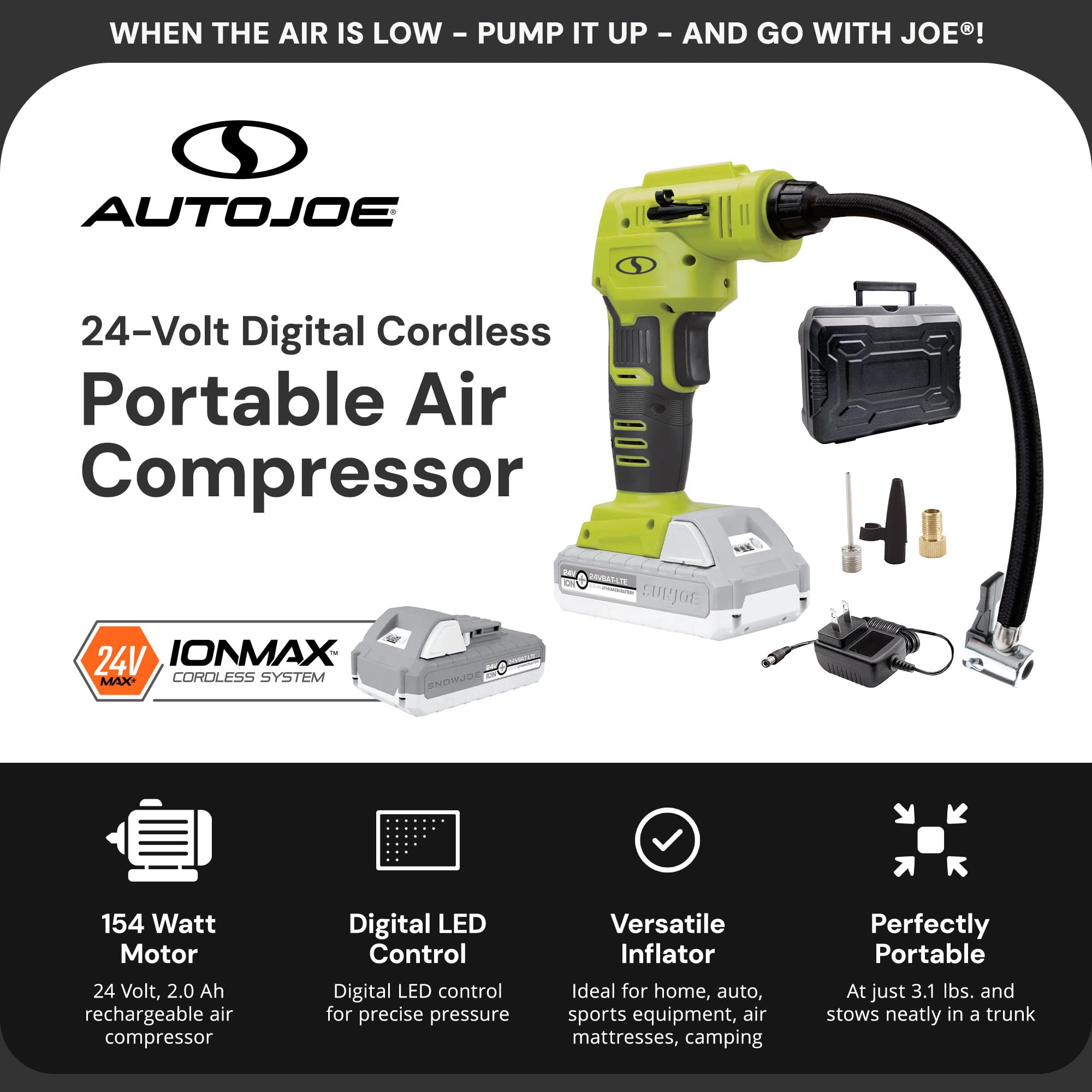 Sun Joe Cordless Tire Air Inflator & Compressor Kit, 2.0-Ah Battery, Charger, Nozzle Adapters, Portable, Green, Model 24V-AJC-LTE