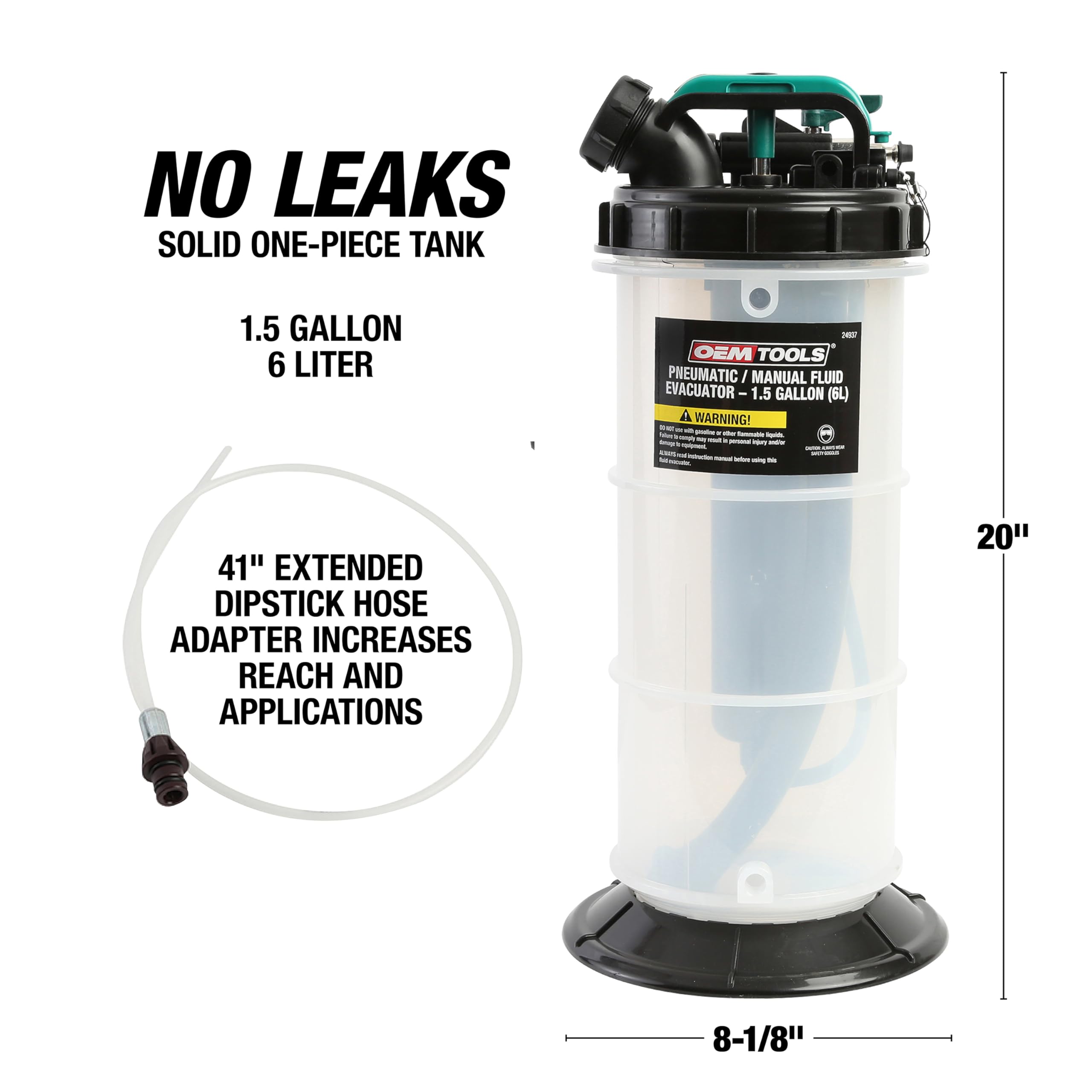 OEMTOOLS 24937 6-Liter Pneumatic/Manual Fluid Pump Extractor - Leak Proof, Plastic, Multi-Color, 5ft Hose, Oversized Handle