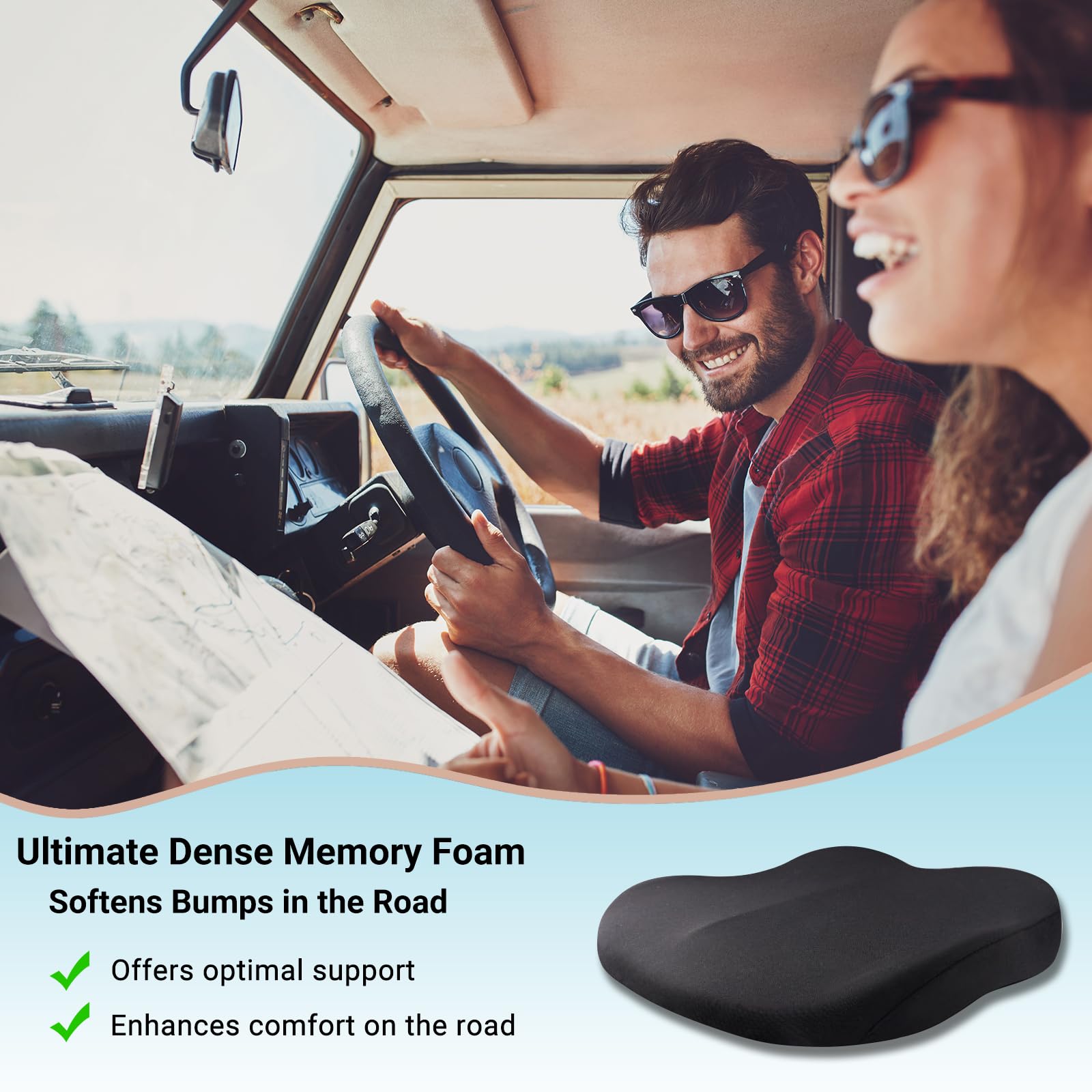 Putniu Adult Booster Car Seat Cushion - Wedge Memory Foam Pad, Increases Height by 3.94", Black, Model A1 - Ideal for Long Trips