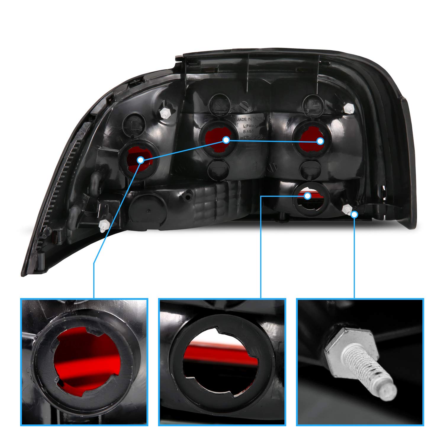 AmeriLite Brake Tail Lights Set for 1994-1998 Ford Mustang - Black Housing, Dark Red OE Style, Driver & Passenger Side