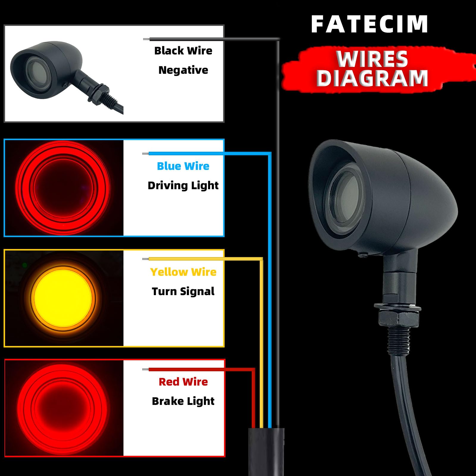 FATECIM 2X Motorcycle LED Bullet Tail Lights Turn Signals Running Brake Lights with Visor Motorbike Taillights Rear Blinkers Ind