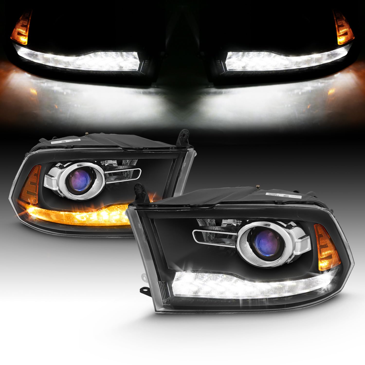 AmeriLite Projector Matte Headlights with Switchback LED for 09-18 Dodge Ram 1500/2500/3500, Onyx Black Vehicle Light Assembly