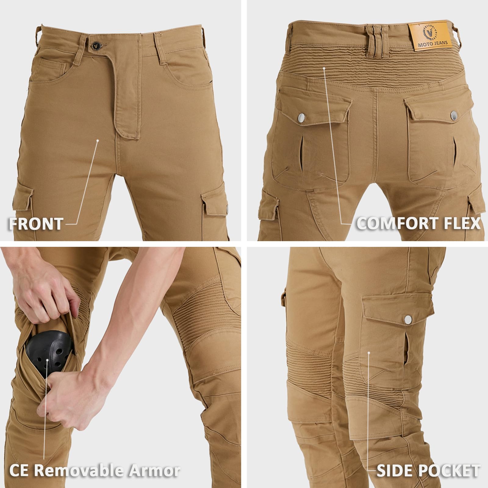 LOMENG Motorcycle Pants Motorbike Riding Denim Jeans Biker Motocross Pants with CE Removable Armored for Men Khaki 3XL