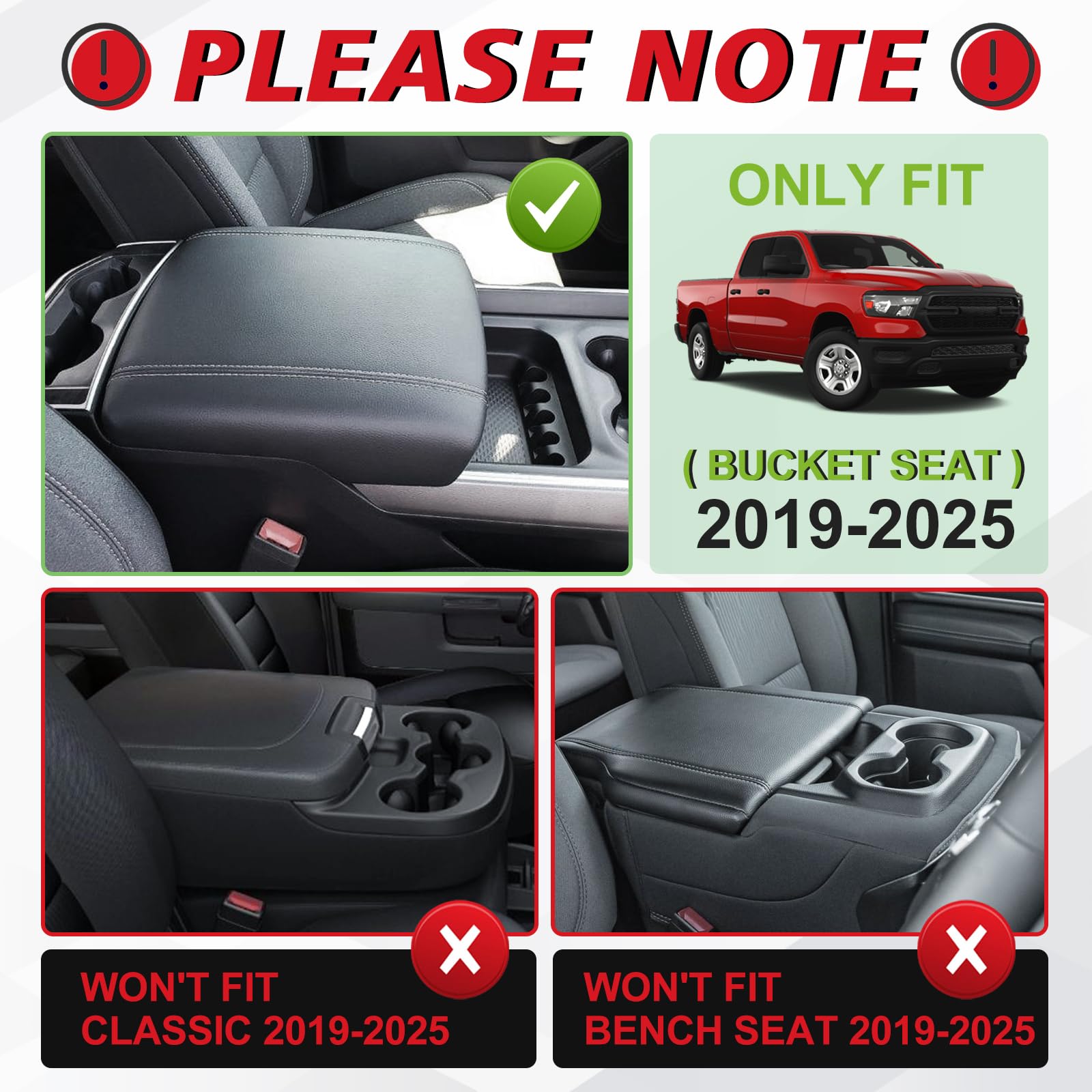 Muslogy Center Console Armrest Cover for Ram 1500/2500/3500 (2019-2025) - Regular Thick Vegan Leather Cushion, Bucket Seat Only