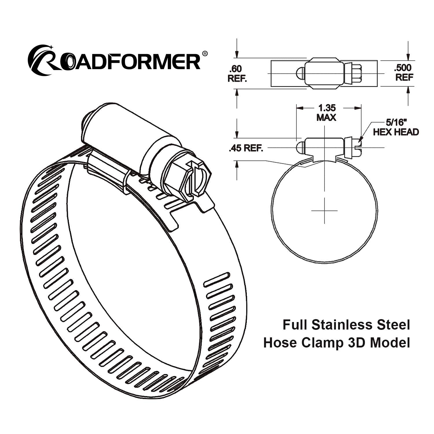 Roadformer 1.5'' Worm Gear Hose Clamp - Sae 24 Size, Full Stainless Steel With 1/2'' Band Width, Working Range 27Mm - 51Mm Hose
