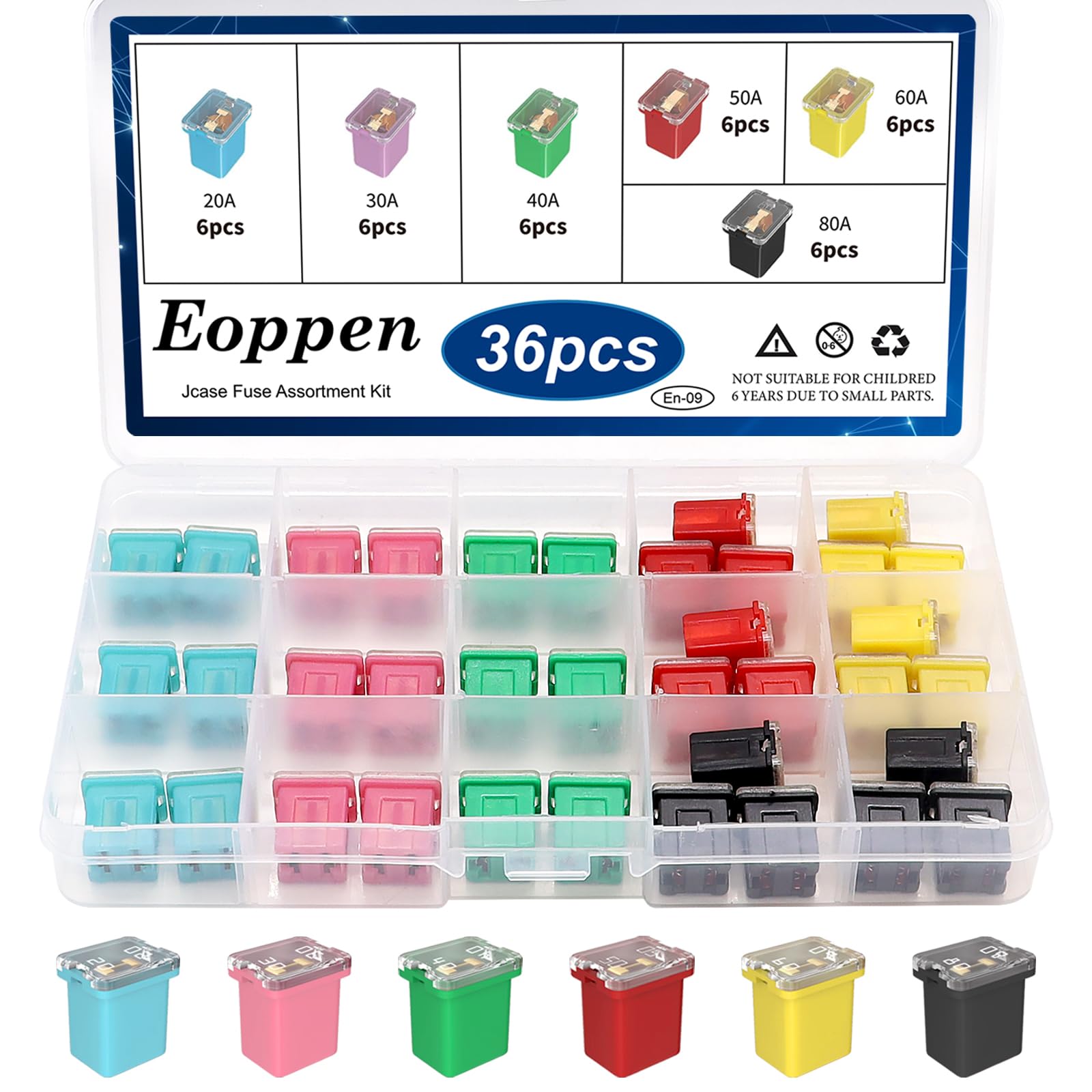 Eoppen 36Pcs Jcase Fuse Car Fuses Assortment Kit Automotive Low Profile Box Shaped Micro Cartridge Fuses for Trucks Cars and SUV