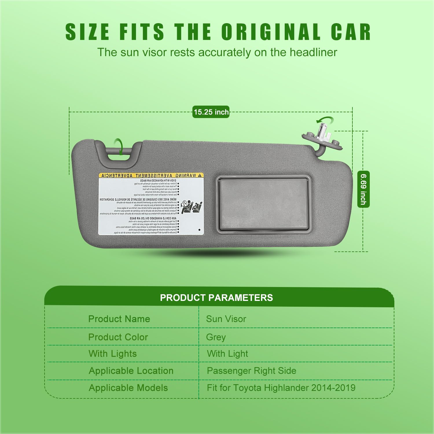 Right Passenger Side Sun Visor for Toyota Highlander 2014 2015 2016 2017 2018 2019 Grey with Light Replace # 74310-0E072-B0 (Gre