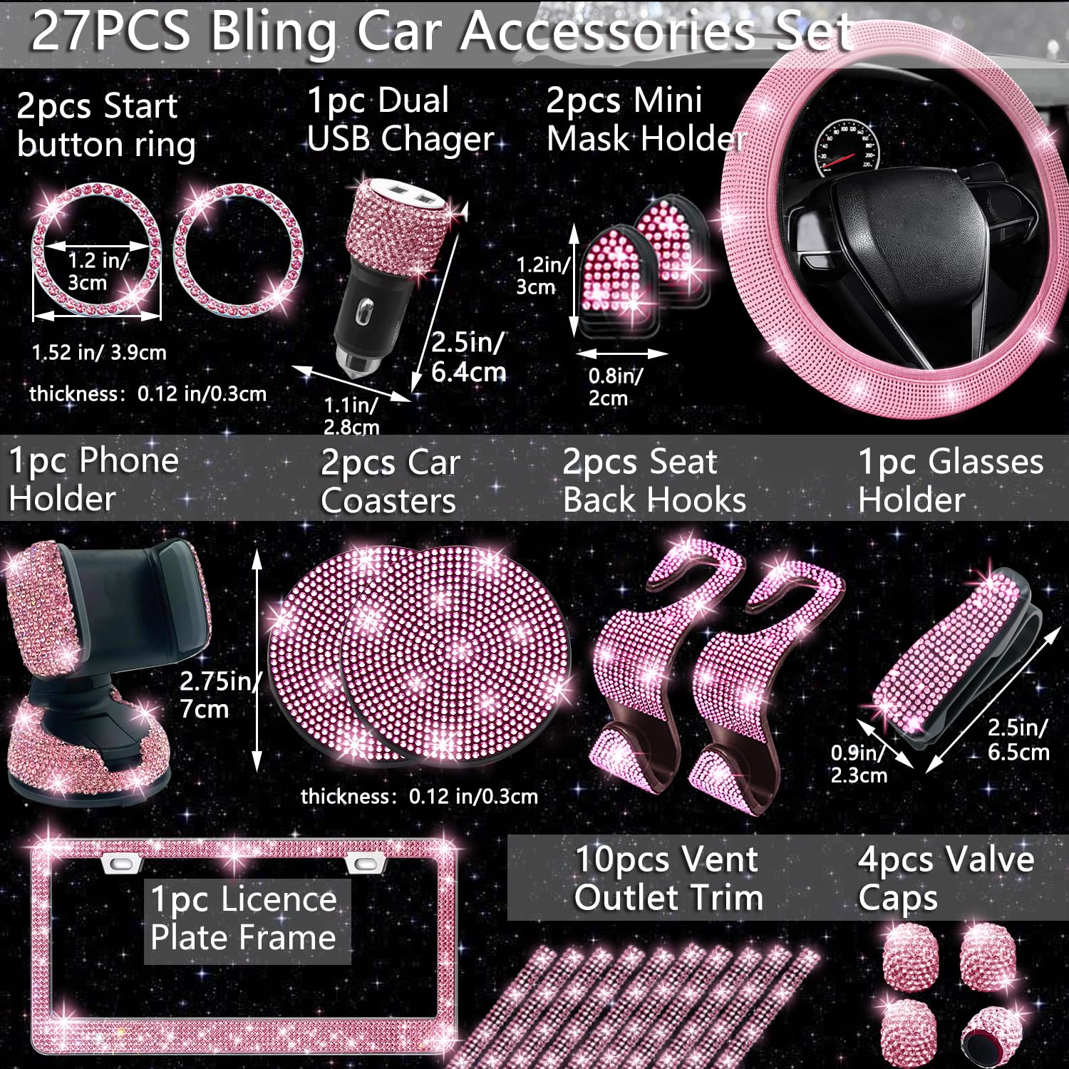 NBTEPEM 27-Piece Bling Car Accessories Set - Pink Diamond, Rhinestones, Universal Fit, Includes Steering Wheel Covers & More