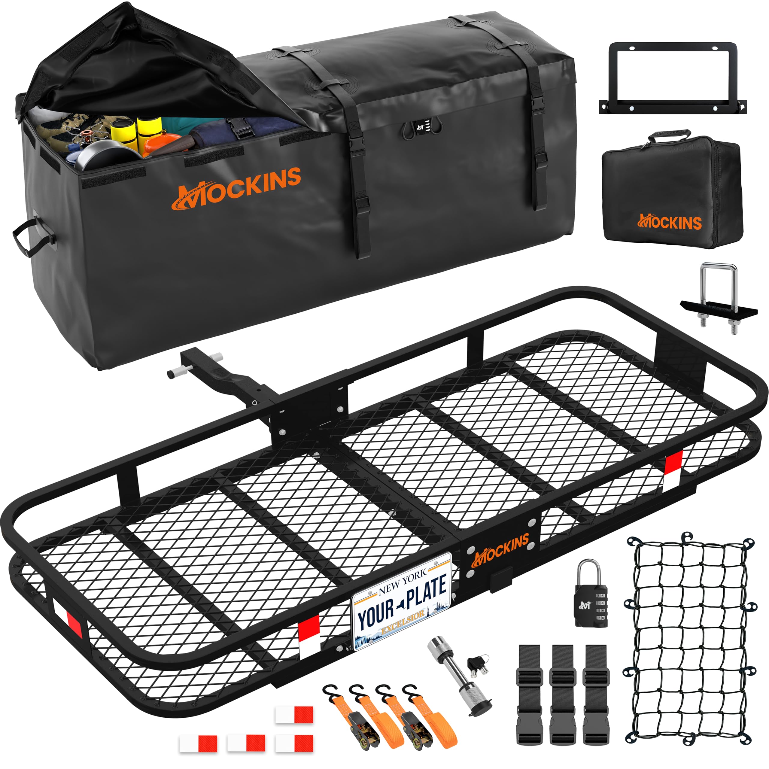 Mockins 60x20x6 Heavy Duty Trailer Hitch Cargo Carrier w/License Plate Holder & 16 Cu.Ft. Waterproof Cargo Bag for Hitch Carrier
