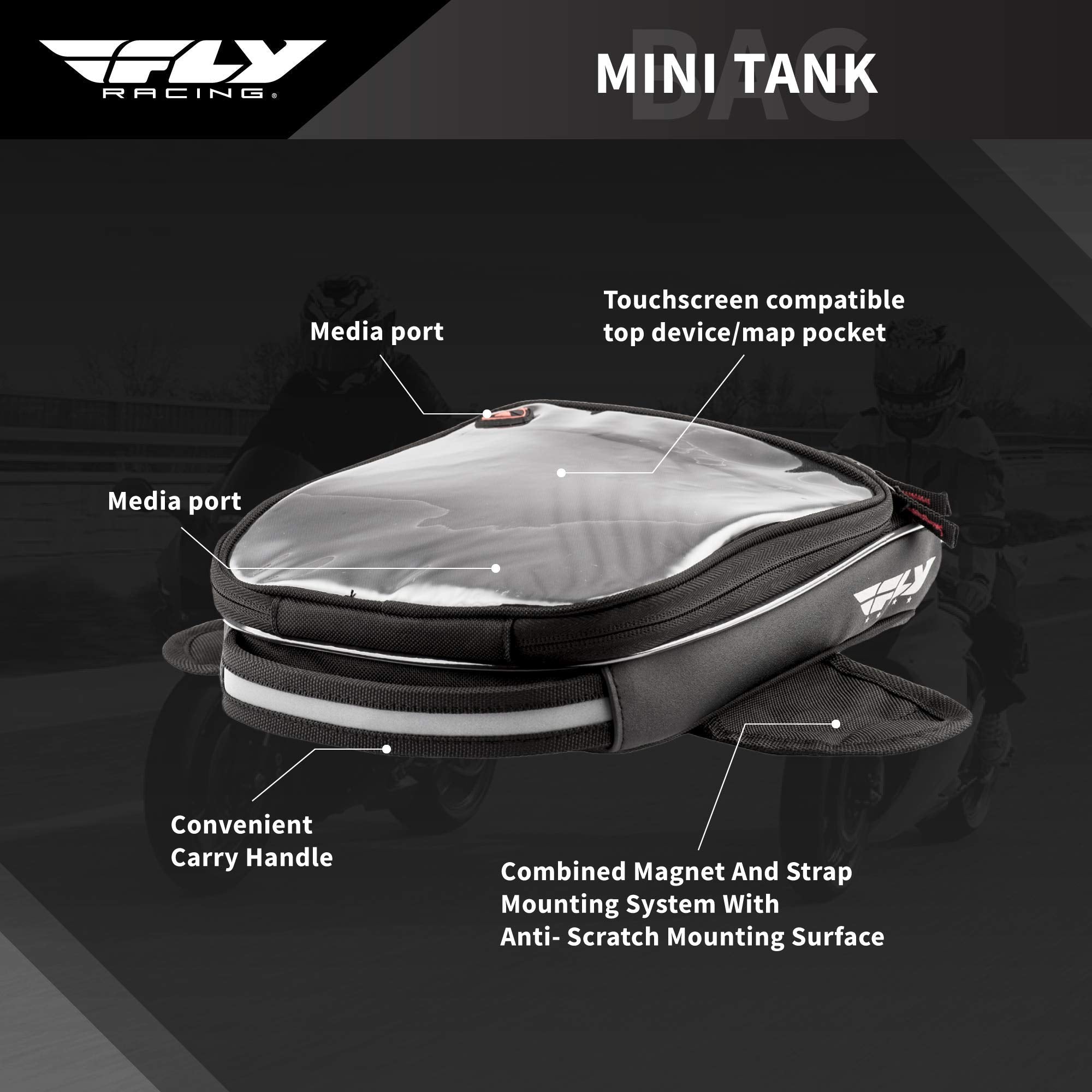 Fly Racing Mini Tank Bag, Stay-Dry Motorcycle Bag, 2.5-Liter Capacity