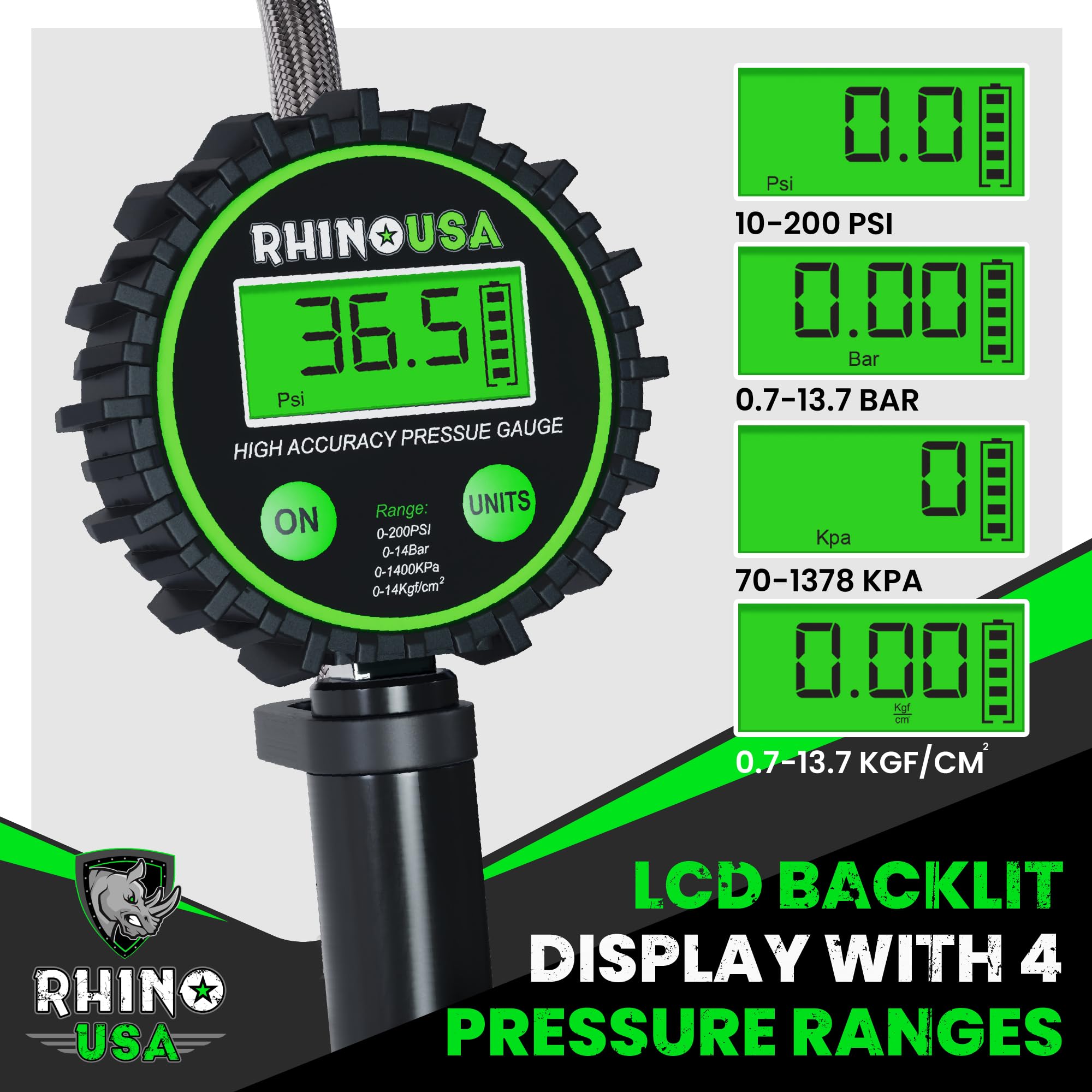 Rhino USA Digital Tire Inflator with Pressure Gauge 0-200 PSI, Large Easy Read Glow Dial, Premium Braided Hose, Model RGAUGE-0200