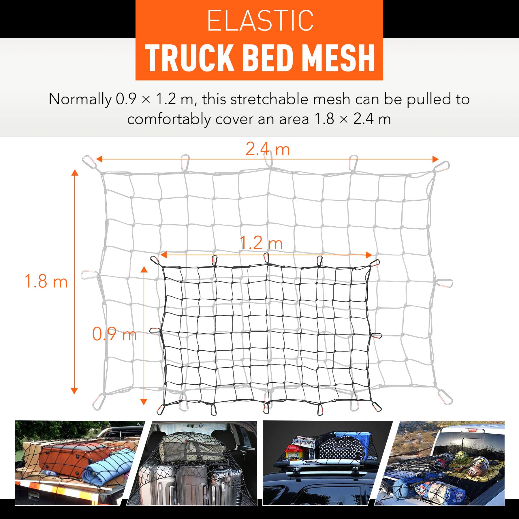 Orion Motor Tech 3X4 Ft Heavy Duty Cargo Net For Pickups Suvs Vans Semis, 6X8Ft Max Bungee Cord Net For Truck Bed Roof Rack Trai