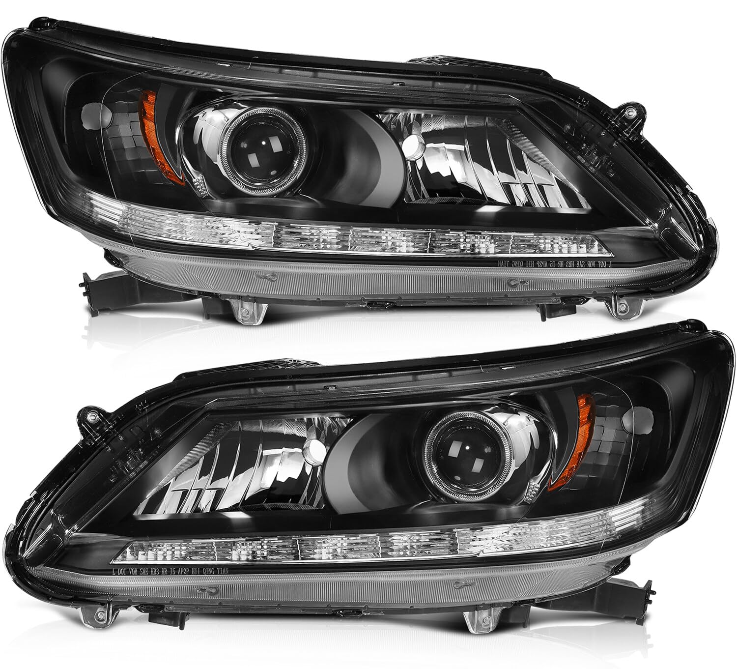 LSAILON Headlight Assembly Replacement Fit For Honda For Accord 2013-2015 Black Housing Amber Reflector Clear Lens Driver and Pa