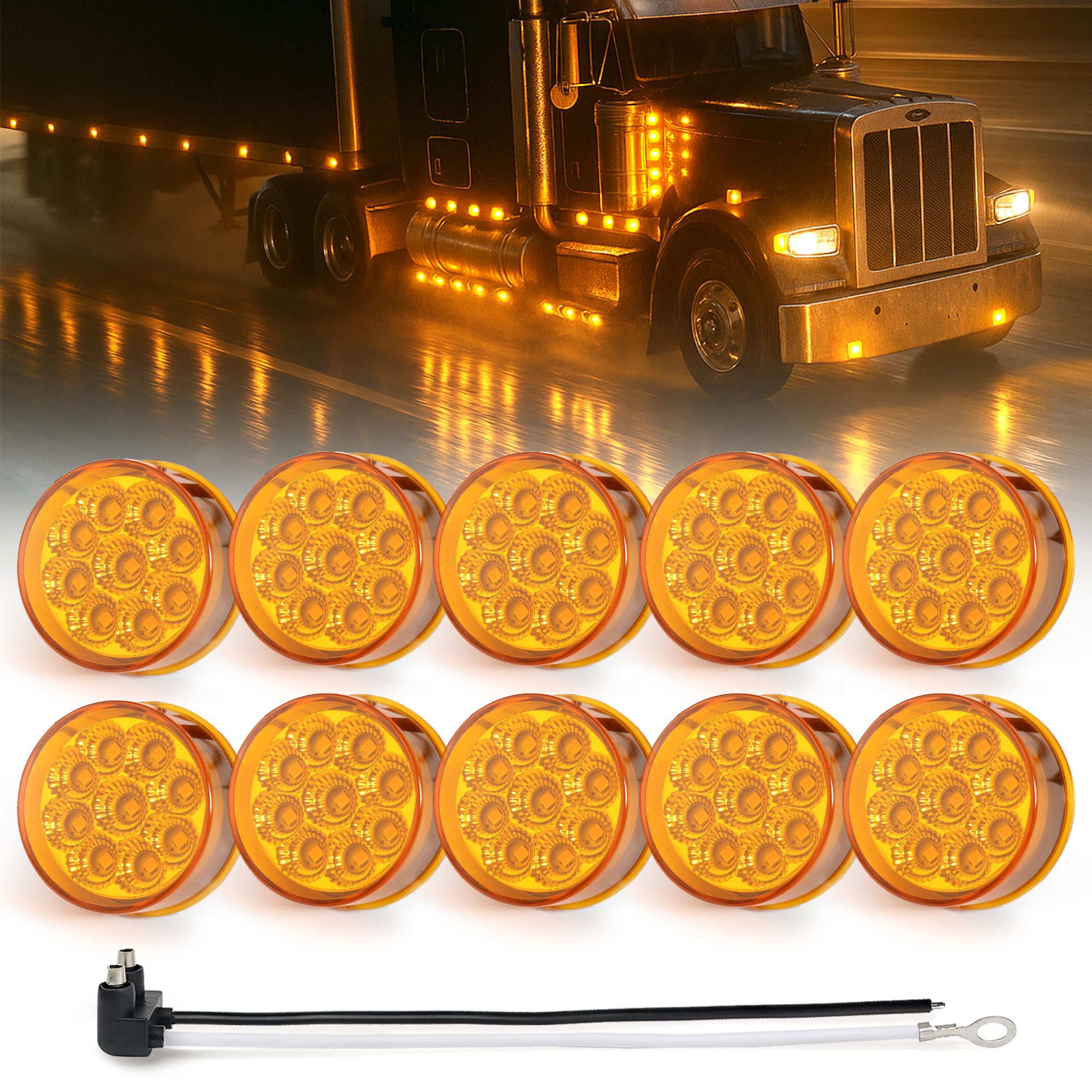 MADCATZ 10Pcs 2 Inch Round Amber LED Side Marker Lights 9LEDs Reflectors with 2 Prong Pigtail Sealed Waterproof 12V for Truck Tr