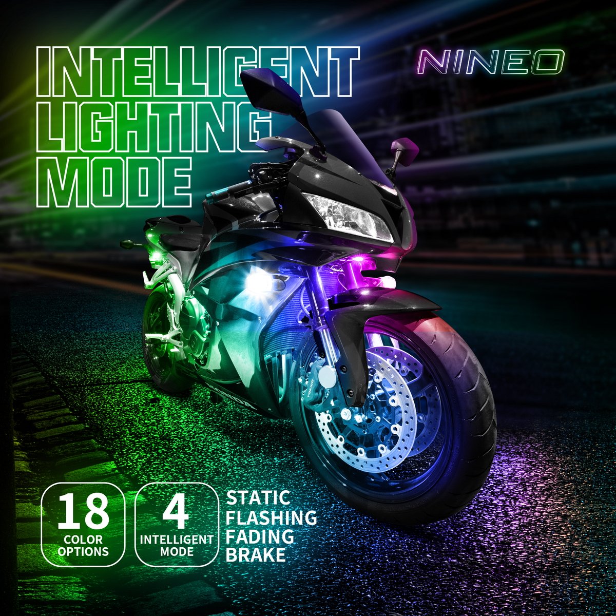 Nineo 8Pcs Motorcycle Led Light Kit, Rgb Underglow Lights With Brake Light Fit For Most Family Motorcycles Carts Trikes Cruiser
