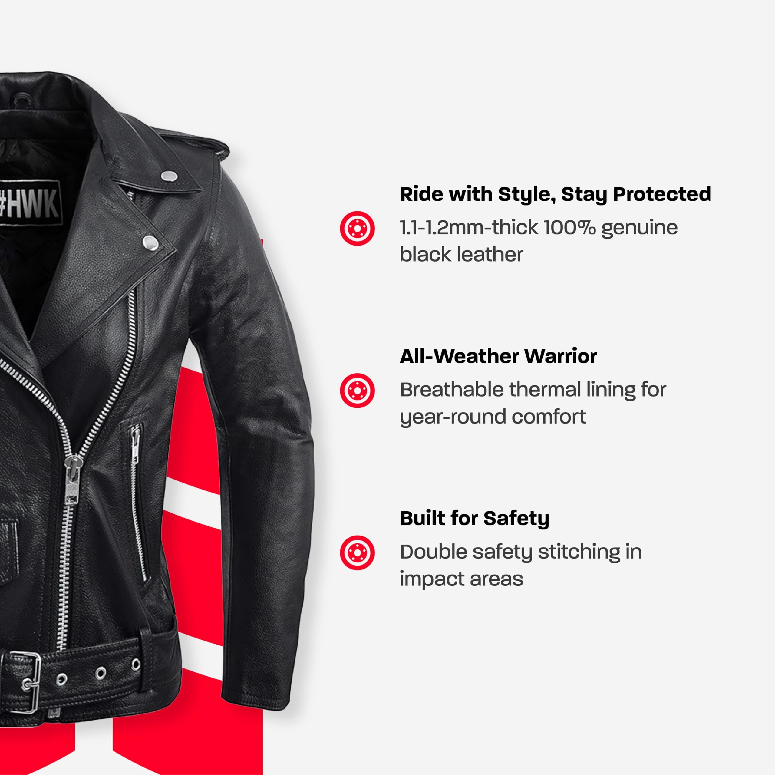 HWK Brando Leather Motorcycle Jacket for Women - Classic Black Jacket with Polyester Thermal Lining, Stylish & Comfy Vintage Des