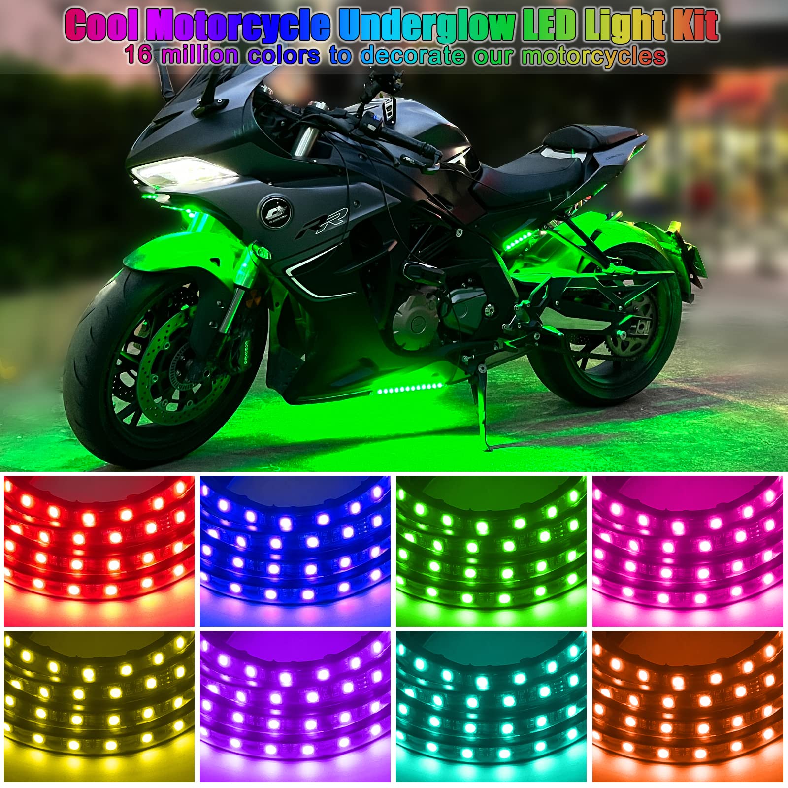 FCPVHOY 10Pcs Motorcycle LED Underglow Kit, RGB Strips with APP Control, PVC Material, Colourful for Harley Honda Kawasaki Suzuki