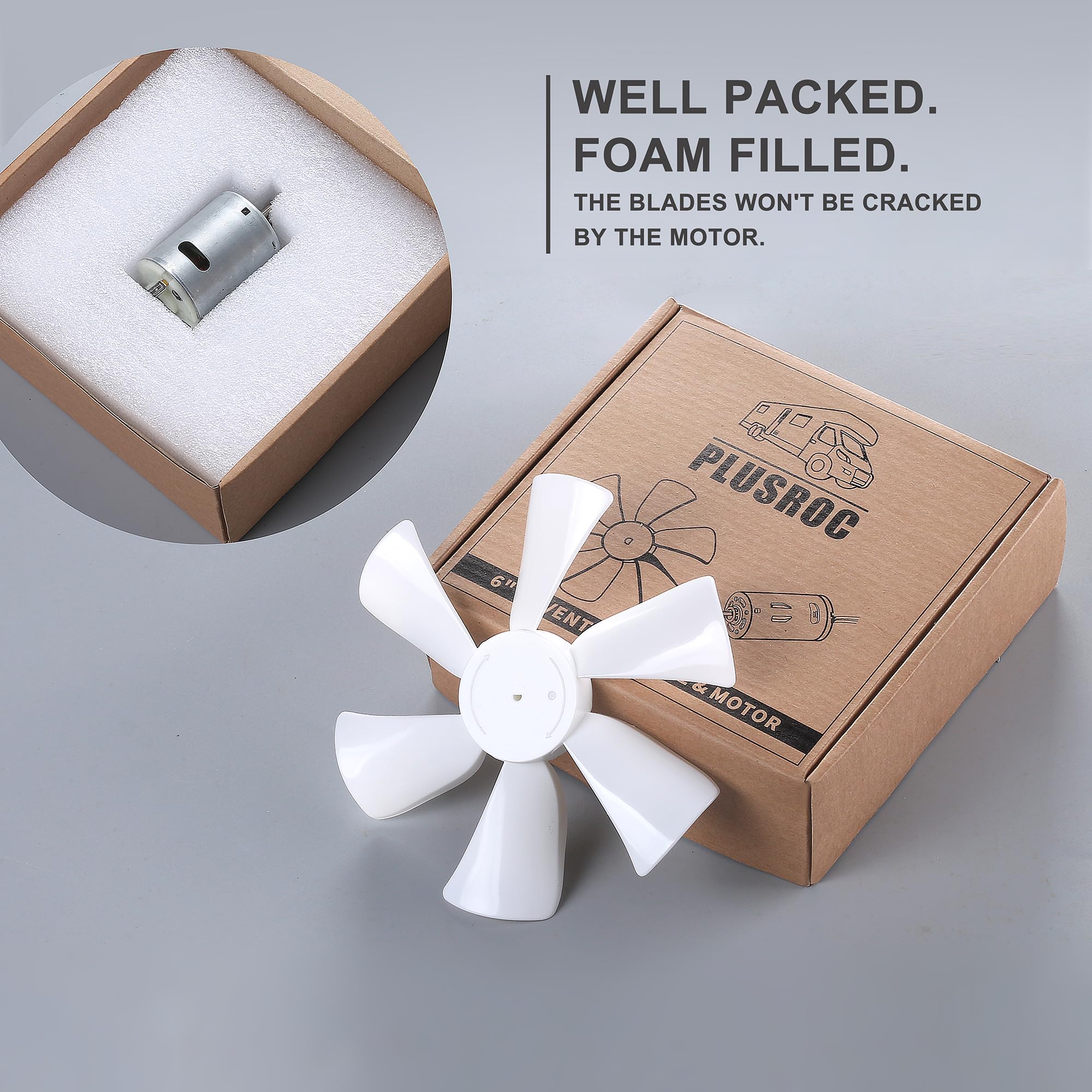 PlusRoc RV Vent Fan 6" Exhaust Fan 12V D-Shaft Motor White Blades Compatible with Heng's Elixir Jensen, 250 CFM