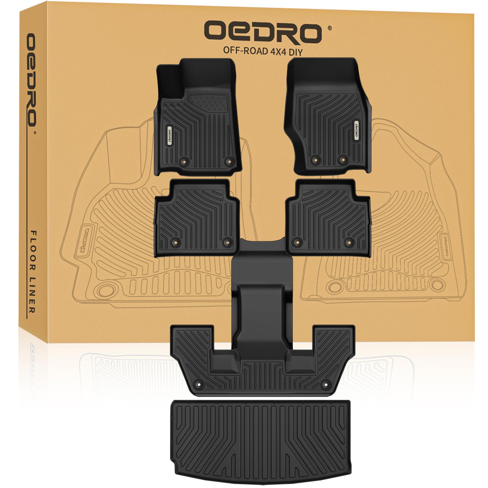 Oedro Floor Mats & Cargo Liner Fit For 2021-2024 Jeep Grand Cherokee L (Only For 6 Seat), Tpe All Weather Custom Fit 3 Row Floor