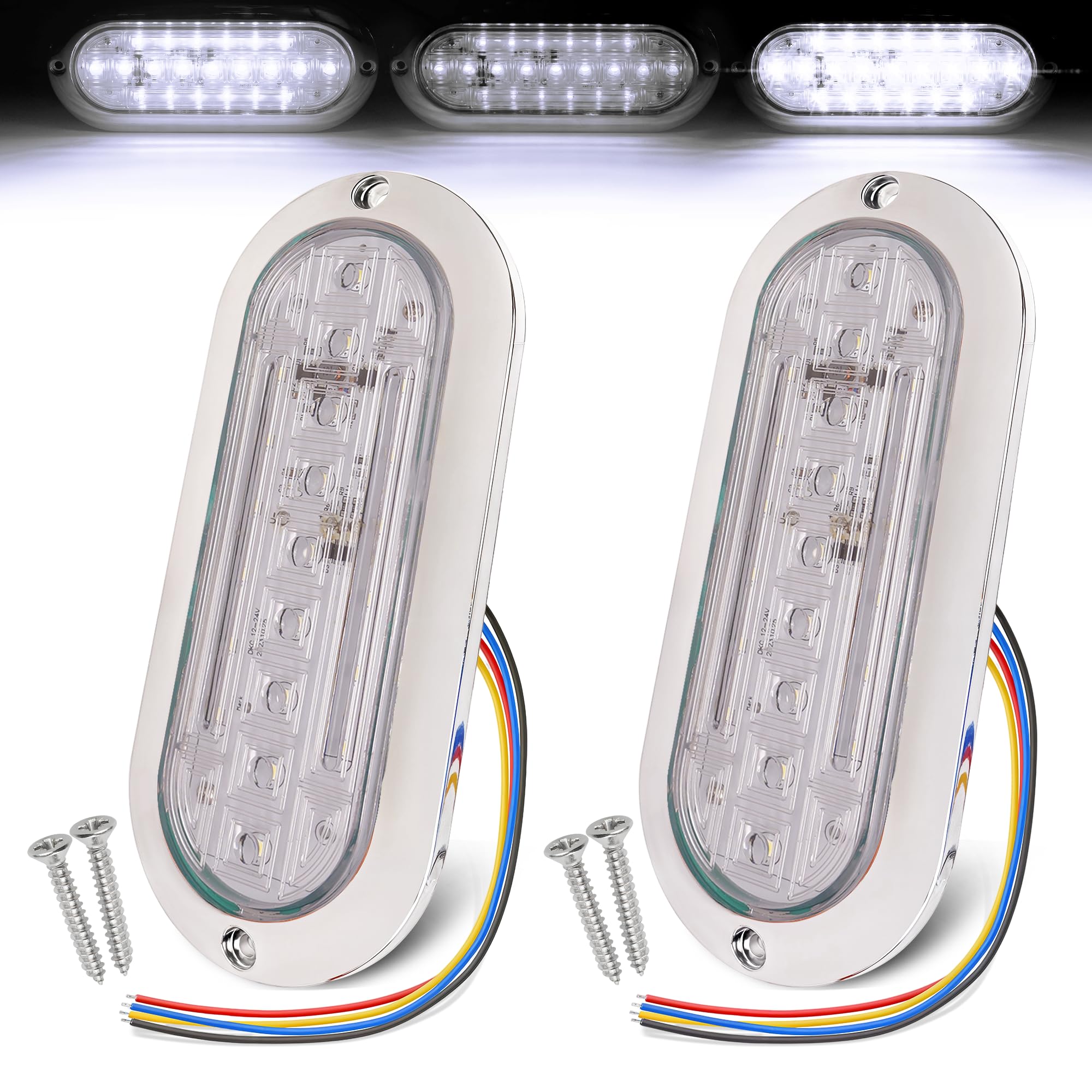 MADCATZ 2 Pcs of 6 Inch White Oval LED Strobe Light, 21 LEDs with High/Low/Flash Modes 4 Wires w/Chrome Bezel Stop Turn Brake Li