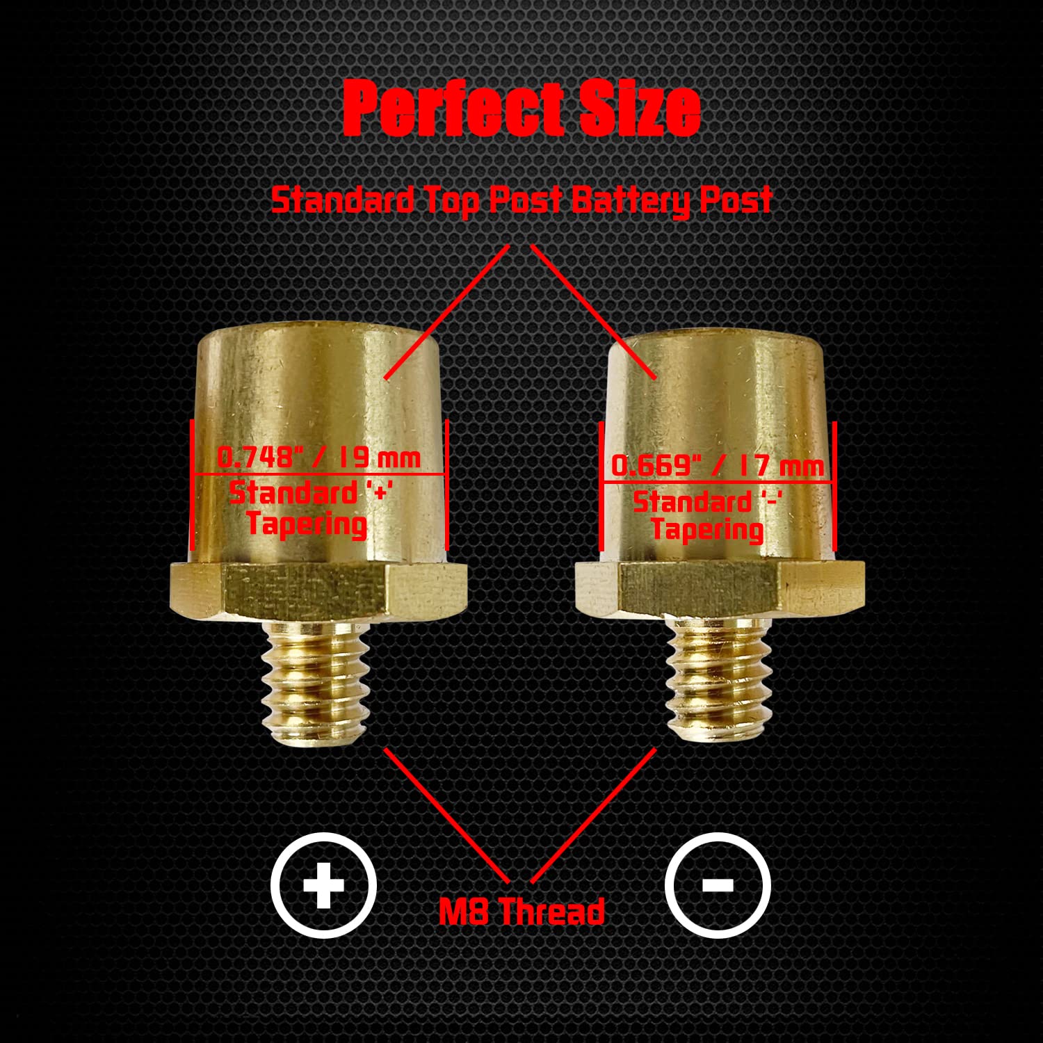 Ampper M8 Thread Male Brass Battery Charging Post Terminals, M8 Battery Post Adapter (+/-) For Extension, Pack Of 4