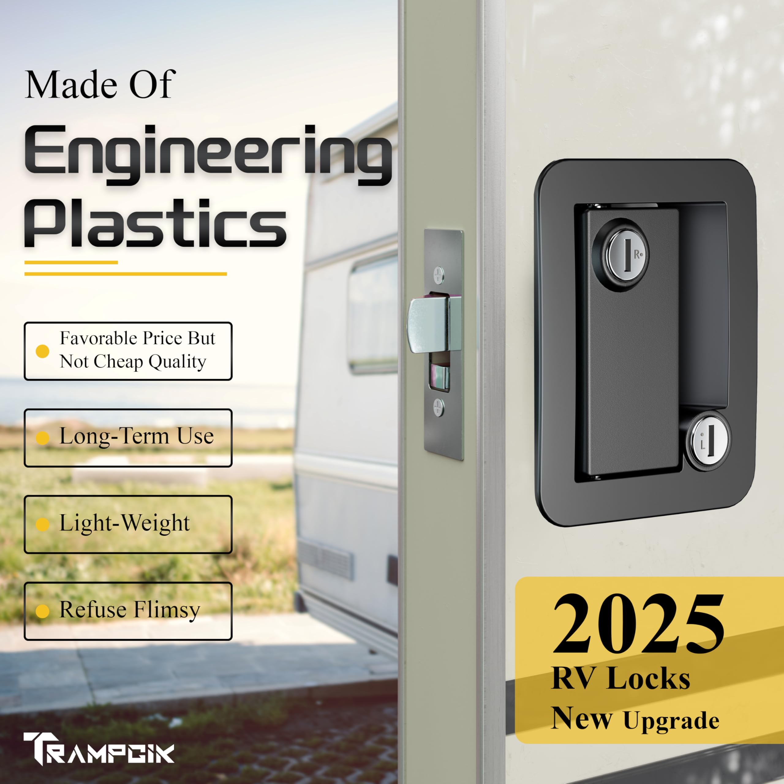 TrampgiK RV Door Lock Set - 3 Pack of Black & Chrome Locks, 7/8" Size, Keyed Alike, Includes Storage Locks for Camper & Travel Trailer