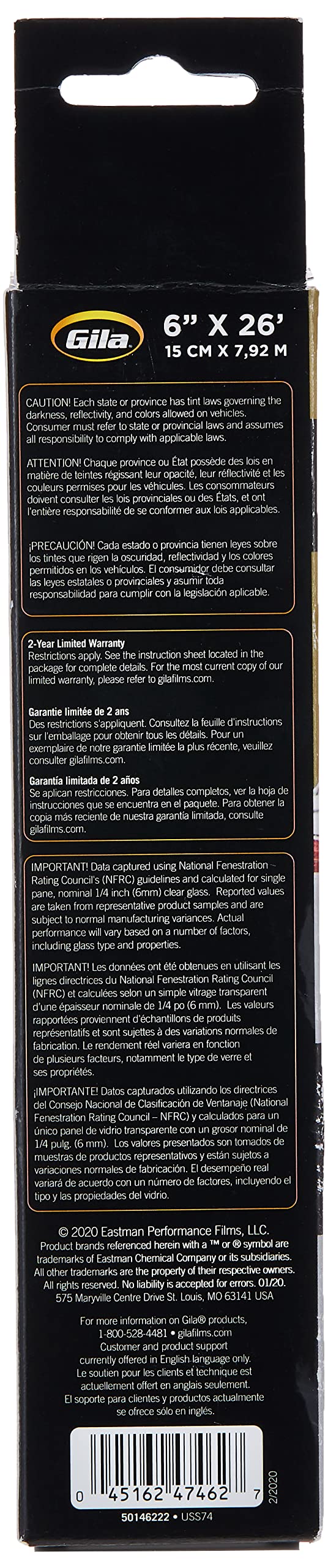 Gila Heat Shield Plus 20% Vlt Rear Window Tint, 6In X 26Ft