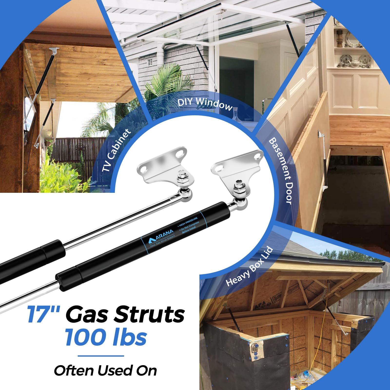 Arana Gas Struts 17 Inch 100Lb Gas Shocks Spring, 17'' 445N Gas Props Lift Support With Mounting Bracket For Heavy Duty Lid Rv B