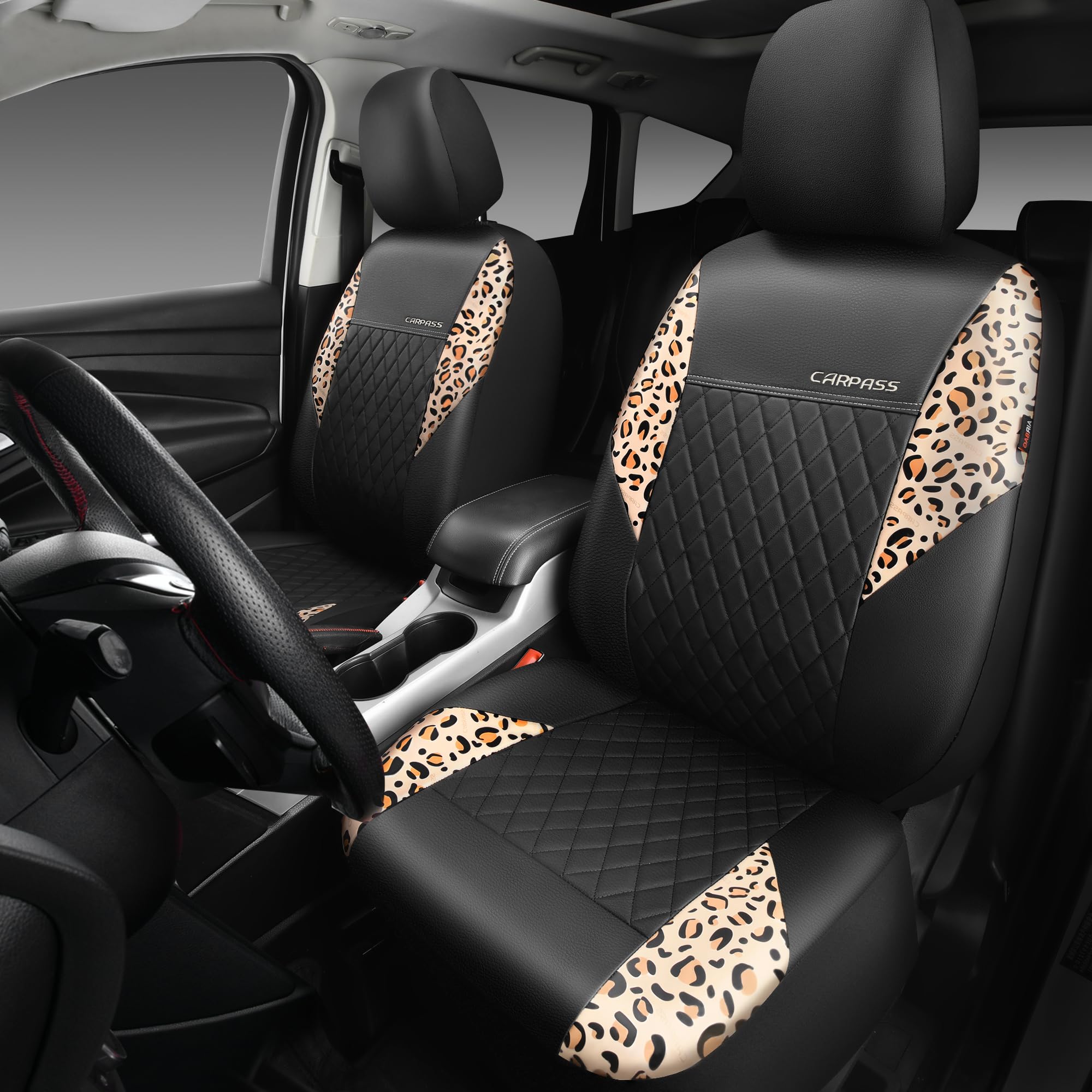 CAR PASS Leather Leopard Front Seat Covers, Waterproof Faux Leather, Brown Leopard, Universal Fit for Sedan, SUV, Truck, Model ZT618PUL2-BN0BW