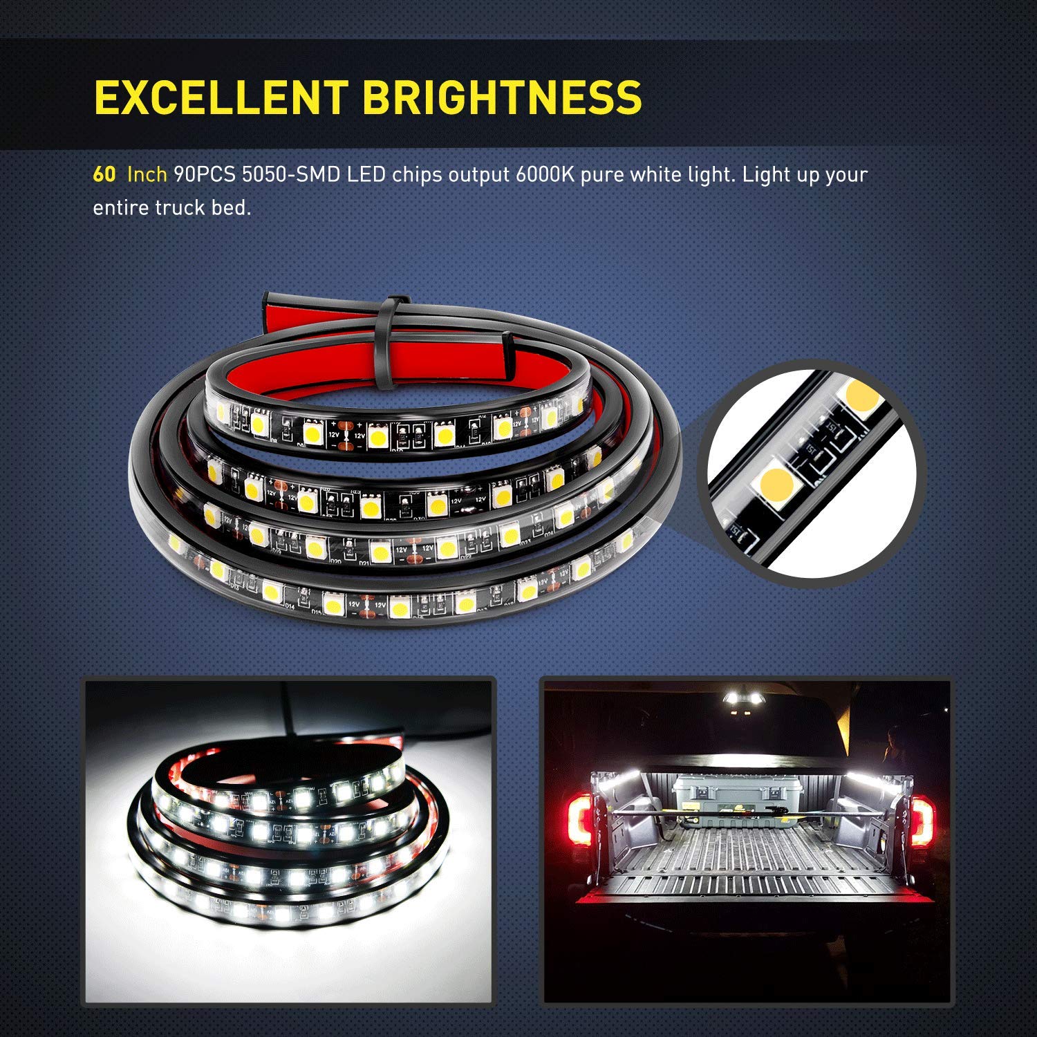 Nilight - Tr-05 2Pcs 60 Inch 180 Leds Bed Strip Kit With Waterproof On/Off Switch Blade Fuse 2-Way Splitter Extension Cable For