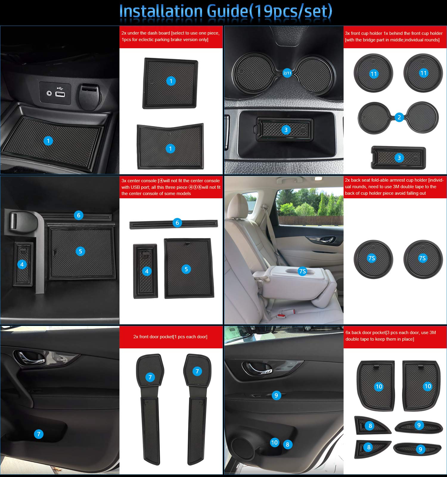 Auovo Anti Dust Mats Set for Rogue Accessories, Custom Fit, Rubber, Black, 19pcs, Compatible with 2014-2020 Models