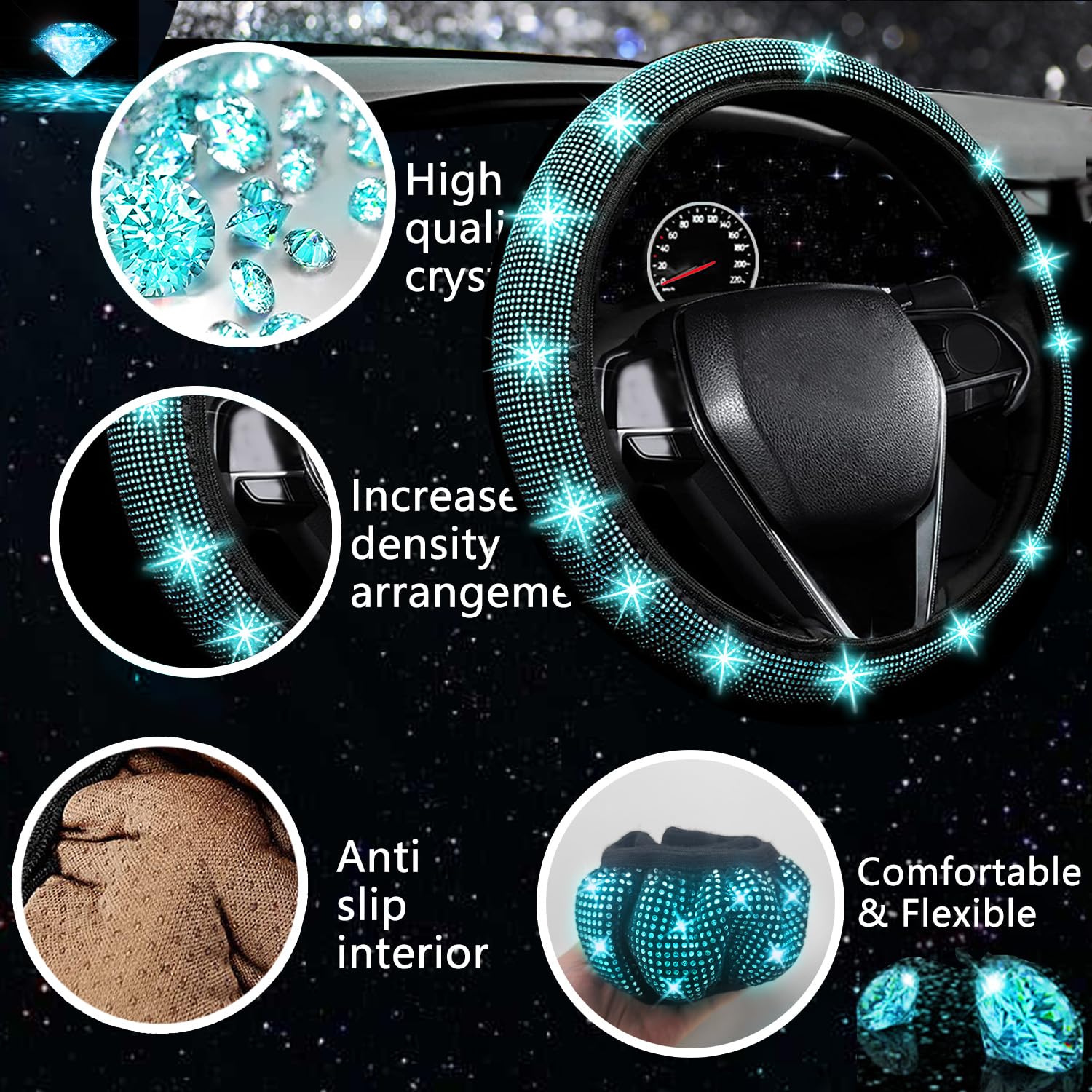 NBTEPEM 27 PCs Aquamarine Bling Car Accessories Set, Universal 15" Steering Wheel Cover, Silicone, Includes License Plate Frame & Phone Holder