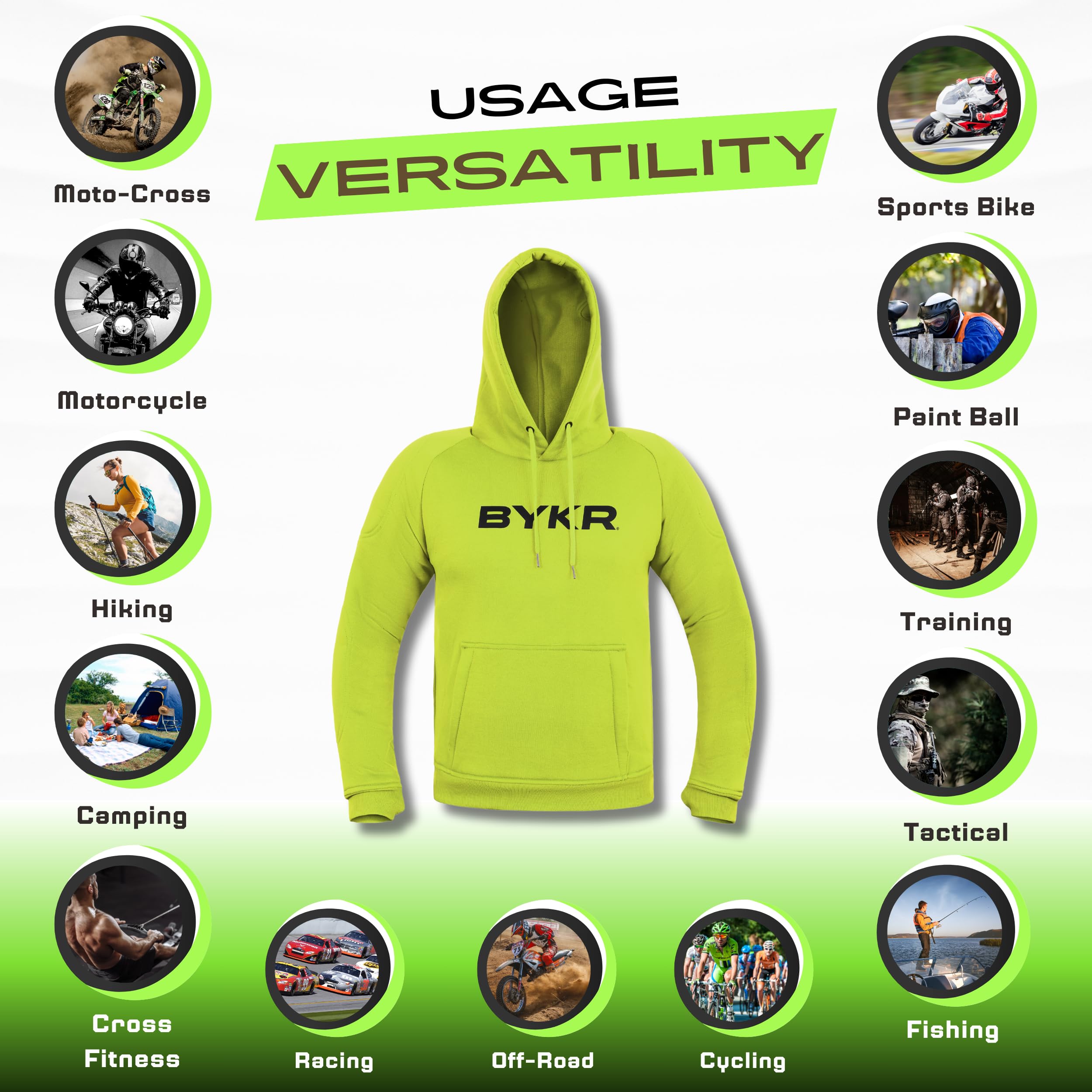 BYKR Motorcycle Hoodie for Men & Women, Breathable Cotton/Poly Blend, CE Armored, Medium, Fluorescent Green