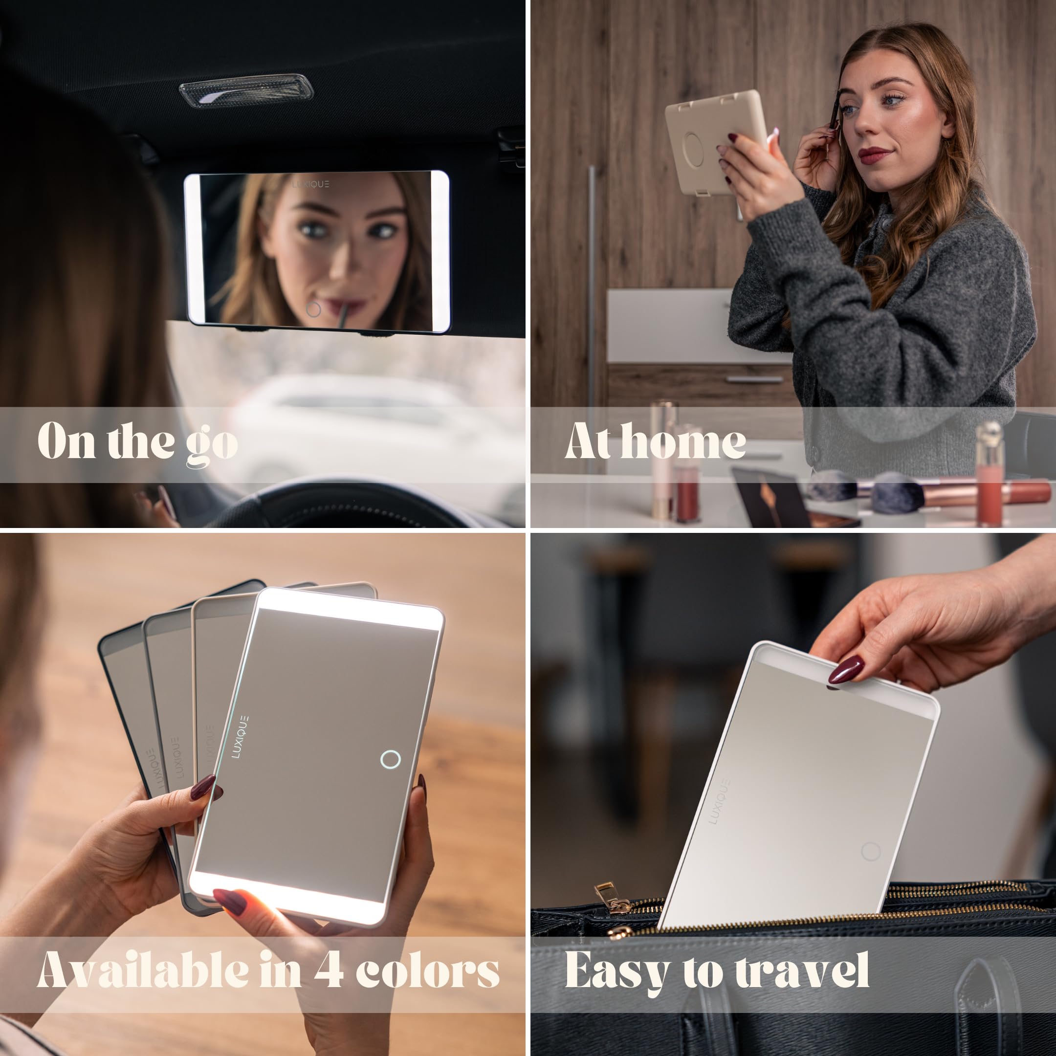 Rechargeable LED Sun Visor Mirror - 3 Dimmable Light Modes, Portable Makeup and Vanity Mirror, Weather-Resistant, Detachable Sta