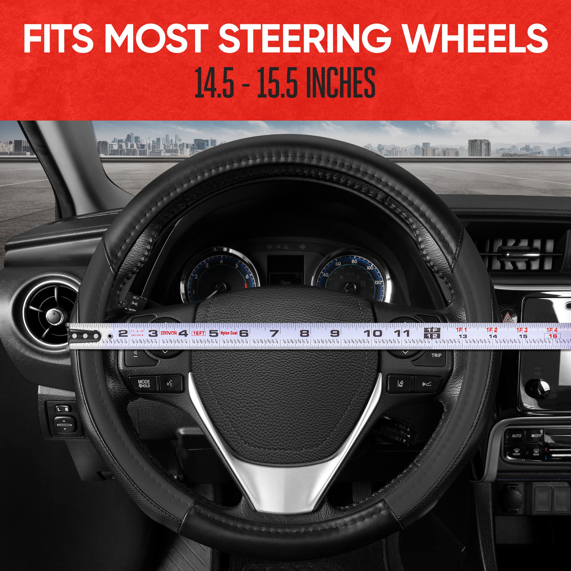 Motor Trend Sportdrive Faux Leather Steering Wheel Cover, Standard 15 Inch Size, Two-Tone Black & Dark Gray, Car Steering Wheel Cover For Truck Van Suv Auto