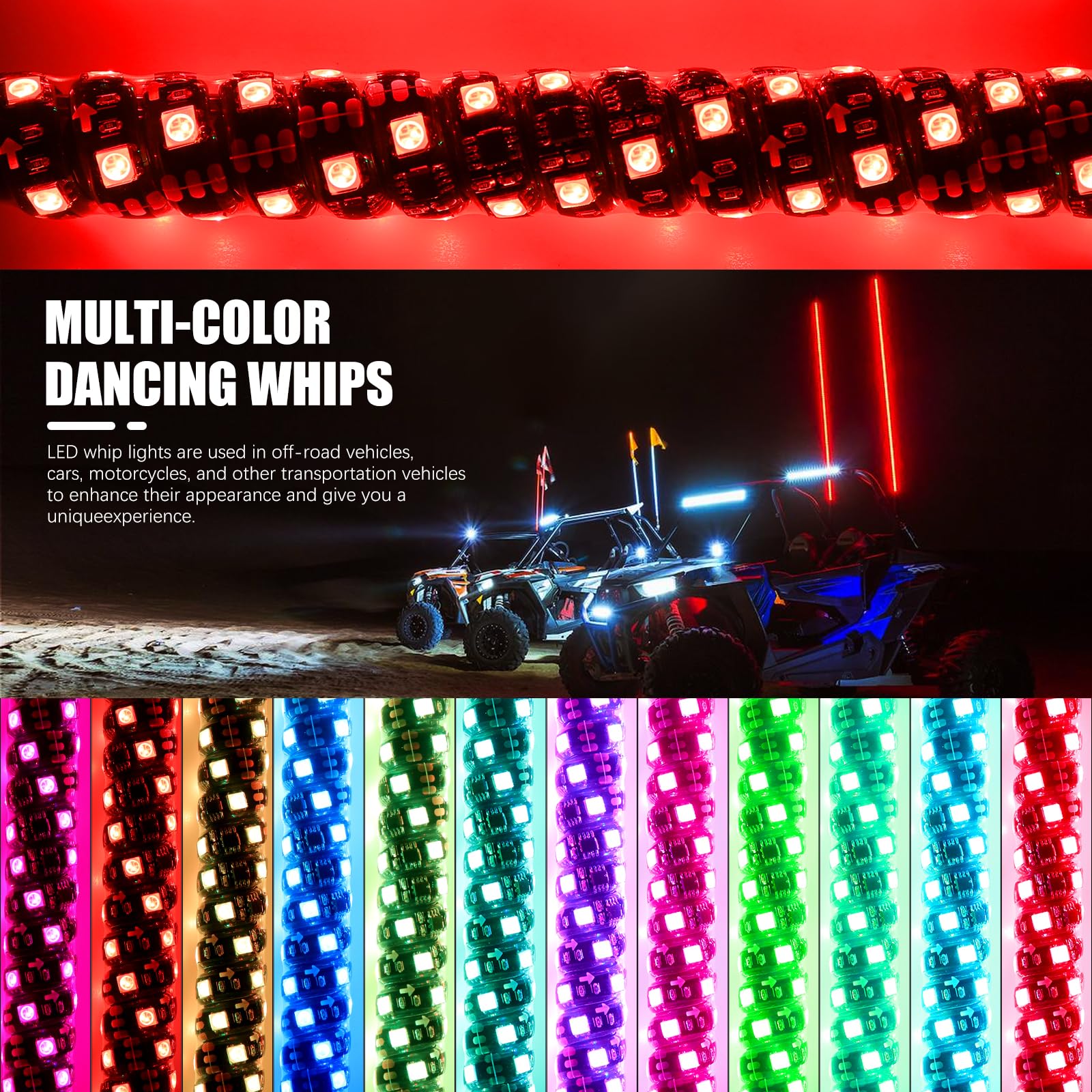 DREAMOTOR Whip Lights, 2Pcs 1FT Spiral RGB LED Whip Lights for Side by Side with Wireless Remote and APP Control, RGB Chasing Li
