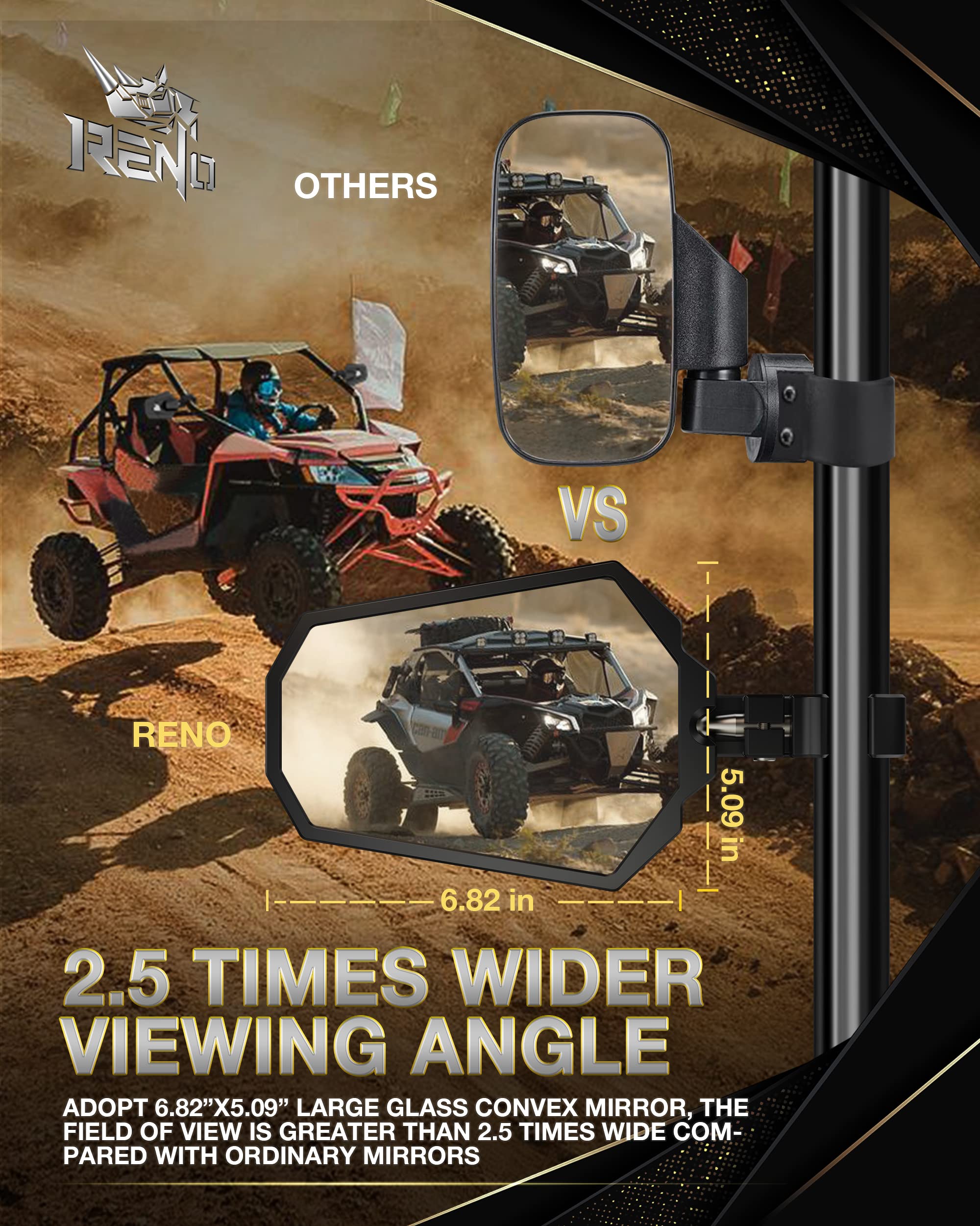 RENO UTV Side Mirrors, Fits 1.25''-2'' Roll Bar Cage CNC Aluminum Rear View Mirror Heavy-Duty Adjustable Bracket Compatible with