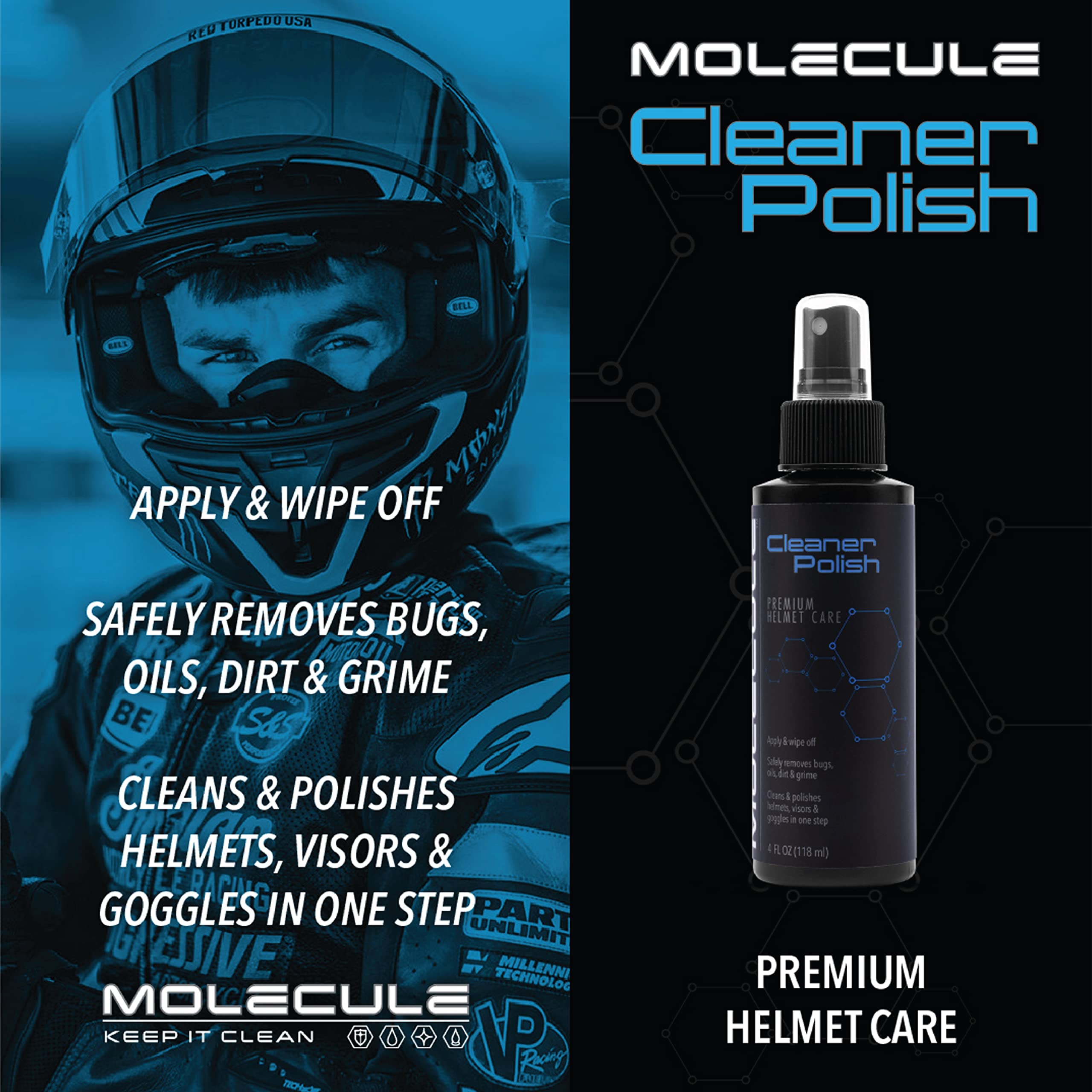Molecule Helmet Cleaner Polish, Premium Helmet Care, Helmets, Visors, And Goggles, For Gloss Finishes, 4 Ounces