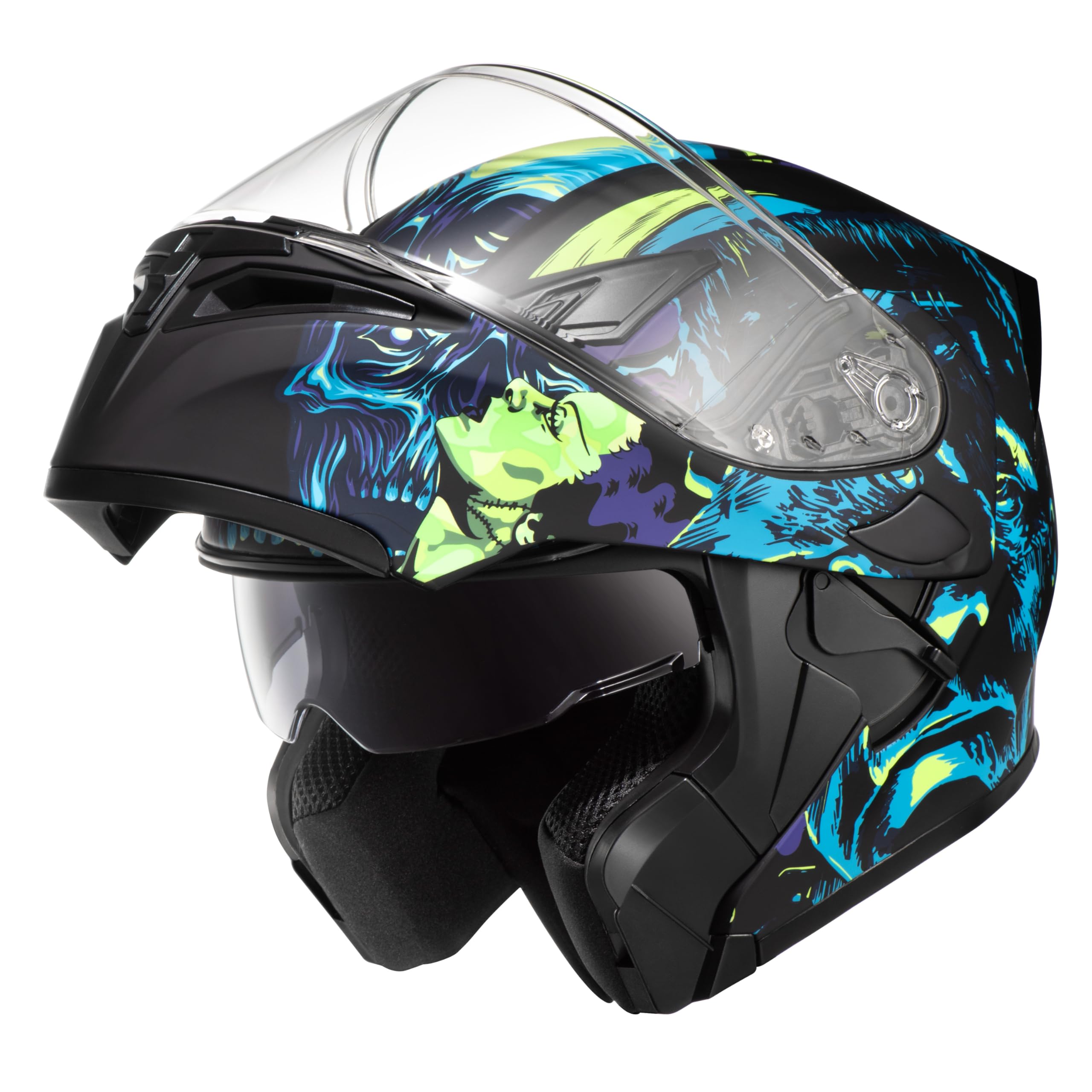 KYPARA Motorcycle Helmet - Dual Visor, Modular, DOT Certified, Large, Multi-Color, Model: Frankenstein