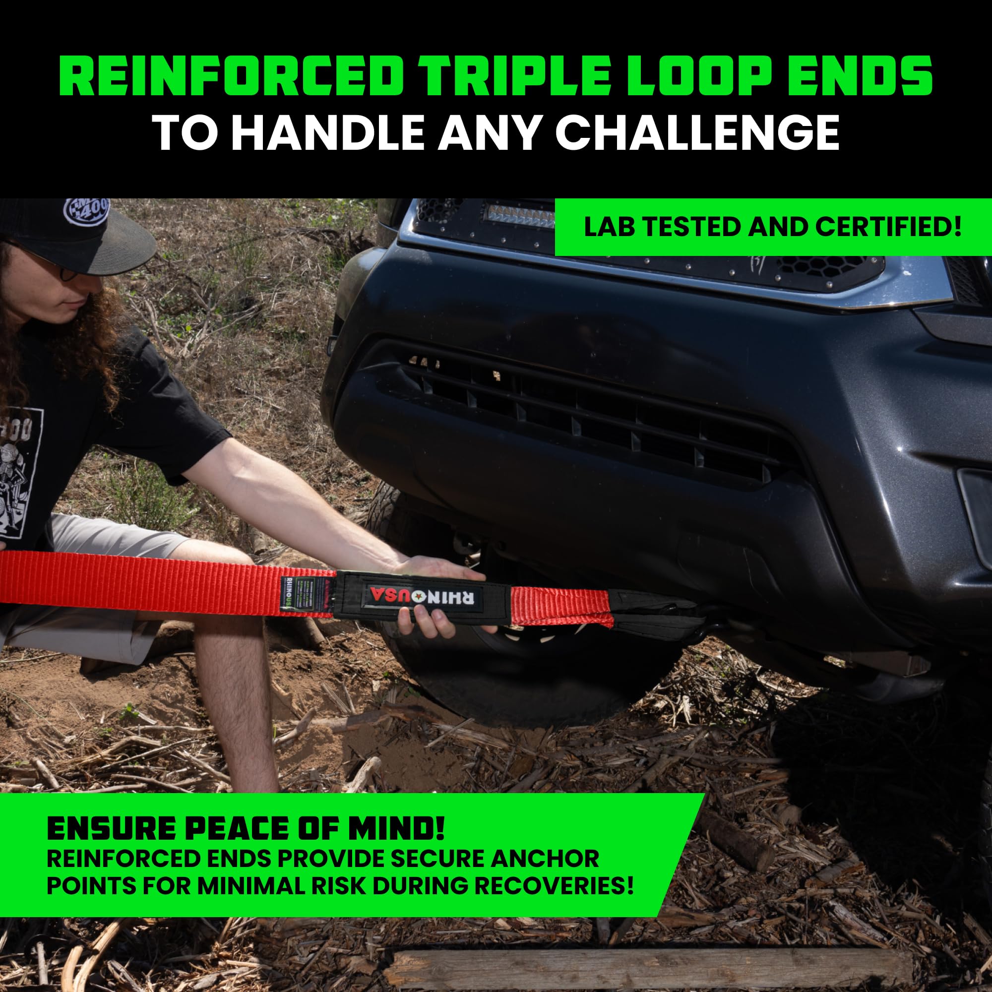 Rhino Usa Recovery Tow Strap (3''X20') - 31,518Lb Break Strength- Emergency Recovery Strap Tow Rope For Truck, Utv, Atv & More -