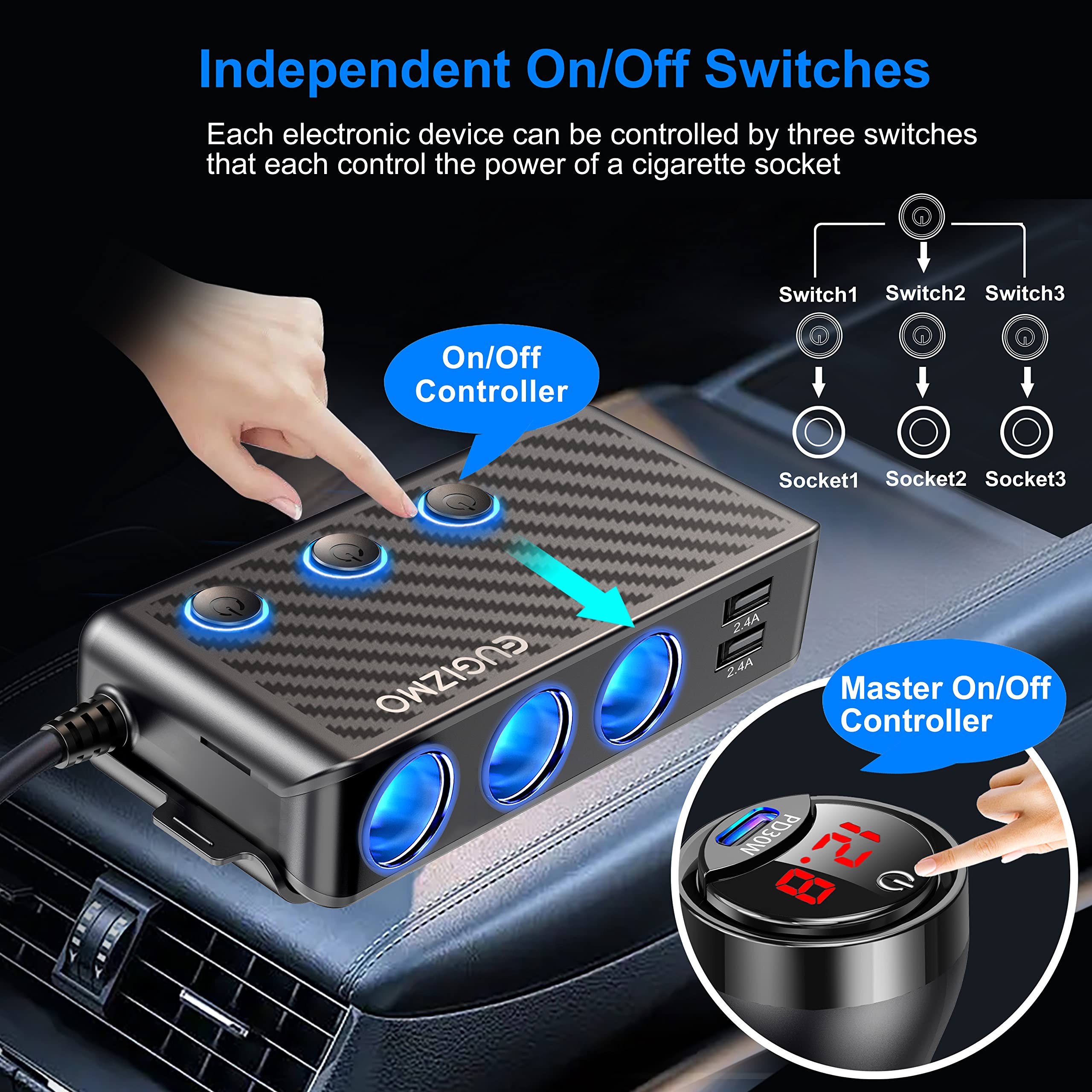 Cigarette Lighter Plug Splitter Adapter, EUGIZMO 222W Multi Port Power Plug Car Charger Adapter for Plug Outlet 12V 3 Socket Spl