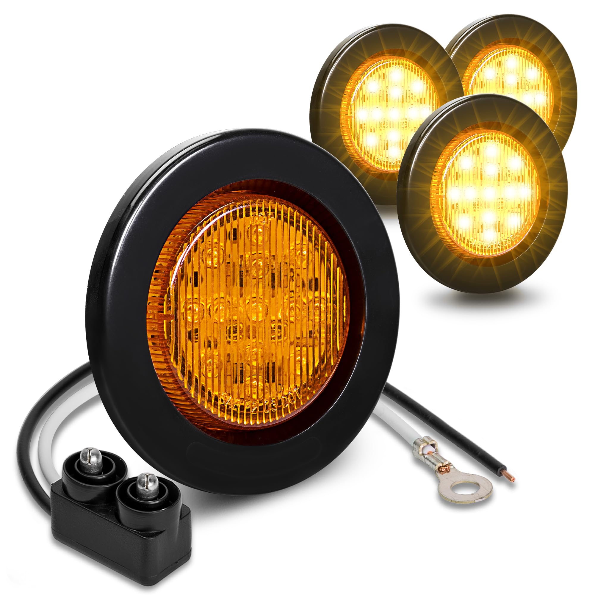 True Mods 4Pc 2.5'' 12V Amber Round Led Clearance Side Marker Lights [Dot Fmvss 108] [Sae P2] [Reflector Lens] [Grommet & Plugs]