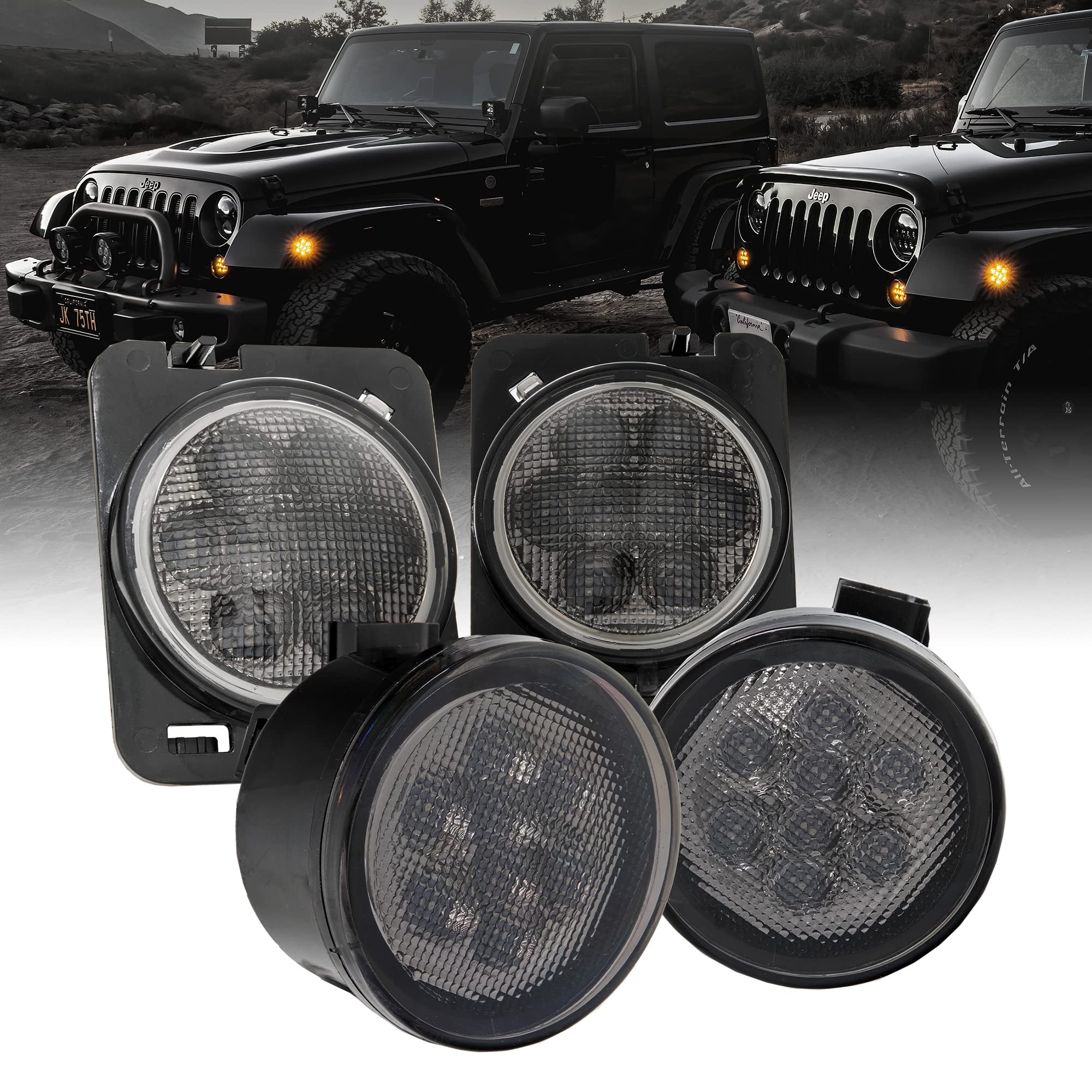 True Mods Led Turn Signal & Side Marker Light Replacement For Jeep Wrangler [Smoked Lens] [Amber] Led Light Kit Compatible With