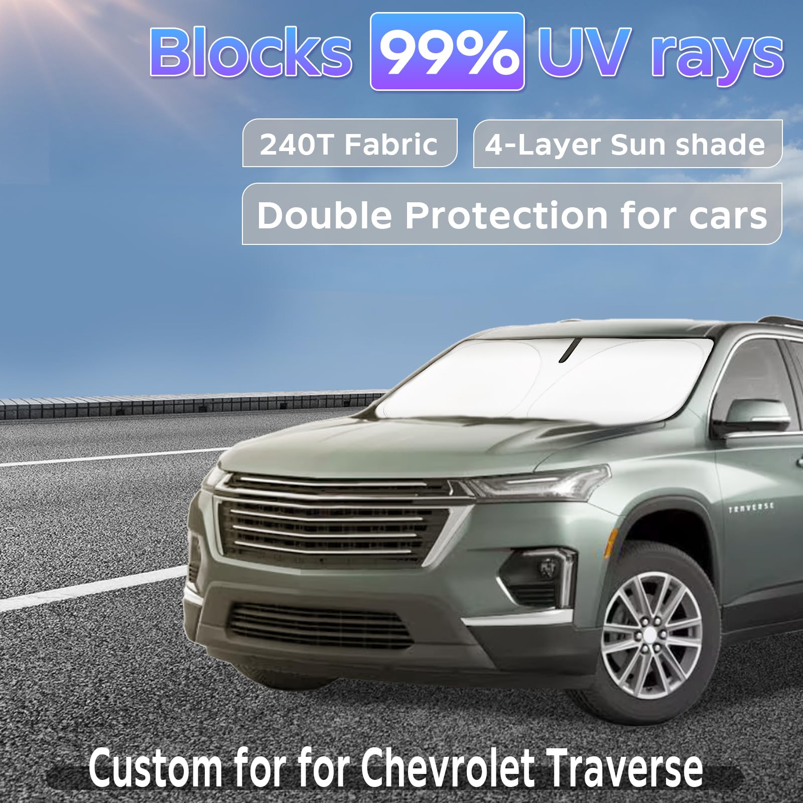 Sun Shade Sunshade For Chevrolet Traverse 2018-2024 2025 Windshield Cover, 2-Layers Sun Shield 240T Silver Sun Visor For Chevry