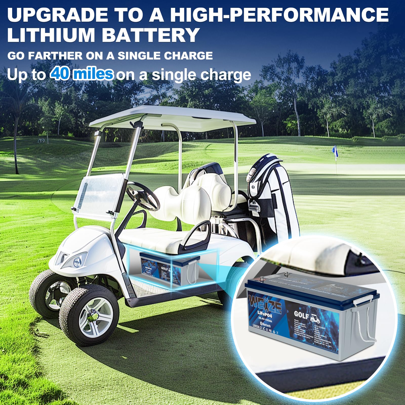 WEIZE 36V 105AH Golf Cart LiFePO4 Battery with 25A Charger, LCD Display, 200A BMS, Low-Temp Protection, Model BAC-0125V