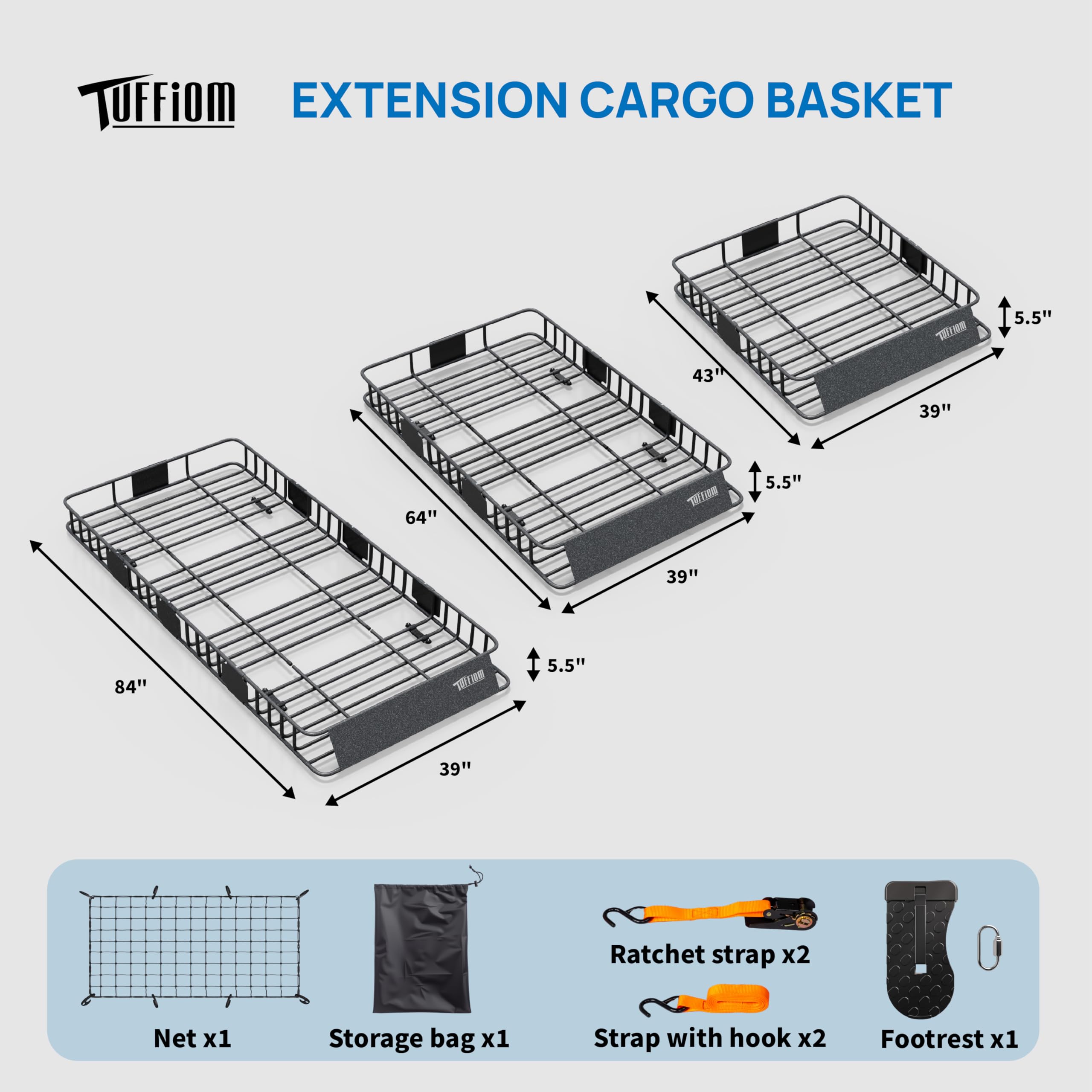 TUFFIOM Universal Rooftop Cargo Carrier Basket, 84"x39"x6", Dark Grey, Heavy Duty Steel Roof Rack with Net, Storage Bag, Straps
